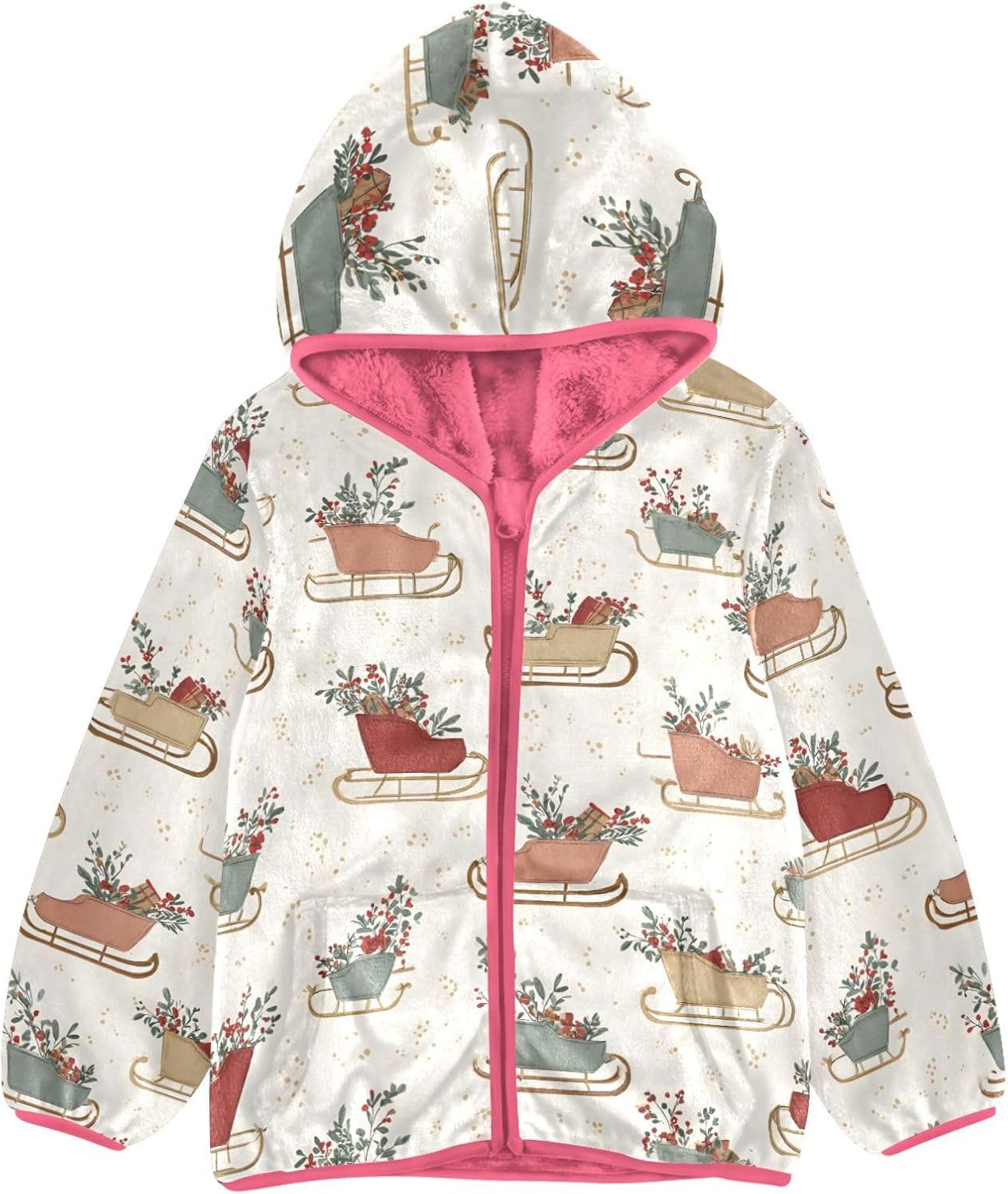 Girls Hoodie Outfit Sled Grass Flowers Pattern Zipper Sweatshirt Coat Fleece Jacket for Kids 3-10T