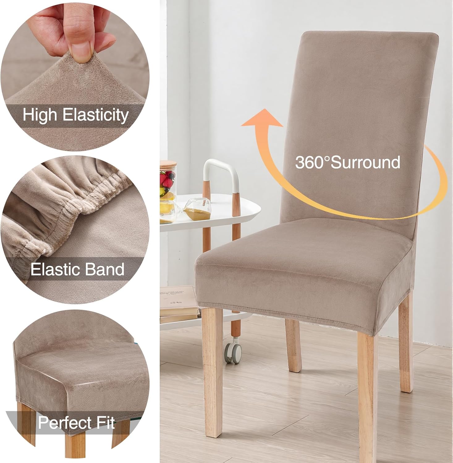 Smiry Velvet Stretch Chair Covers for Dining Room Set of 4, Soft Fit Removable Washable Kitchen Parsons Chair Slipcover Protector, Khaki