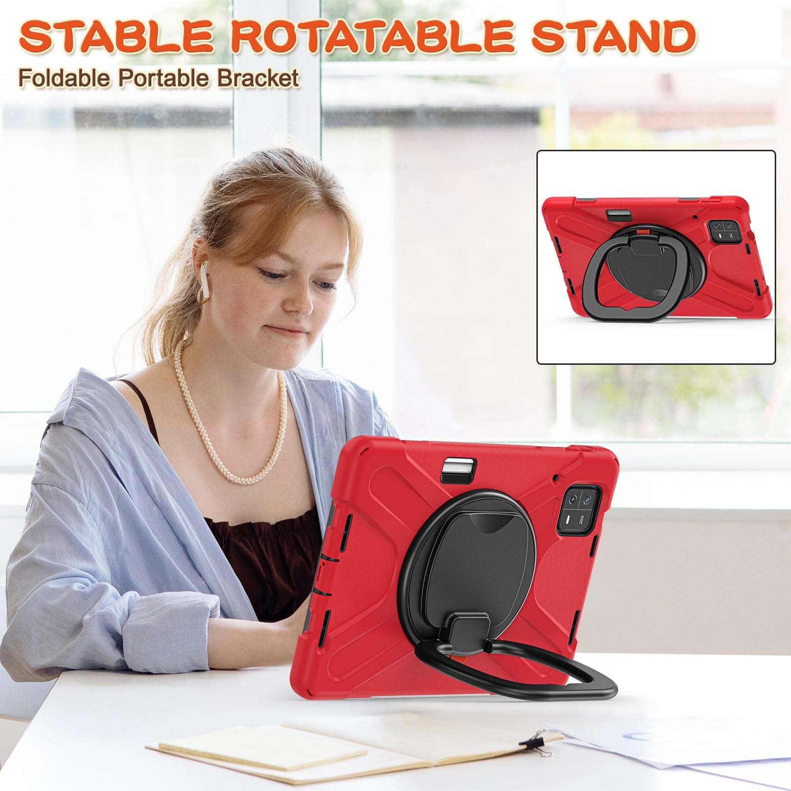 Etui kompatybilne z Xiaomi Pad 6/Pad 6 Pro 11 cali 2023 wydane, wytrzymałe etui dziecięce TPU odporne na wstrząsy, obrotowy uchwyt wielofunkcyjny 360 stopni + pasek ramię wytrzymała obudowa(Rosso)