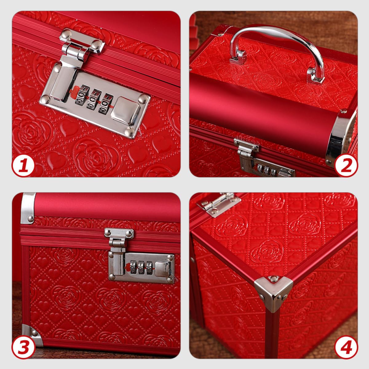 Boîte à Bijoux Rouge Élégante en Cuir Pu Serrure à Code, Coffret à Bijoux Vintage en Bois et Alliage D'aluminium, pour Mariage et Rangement Personnel