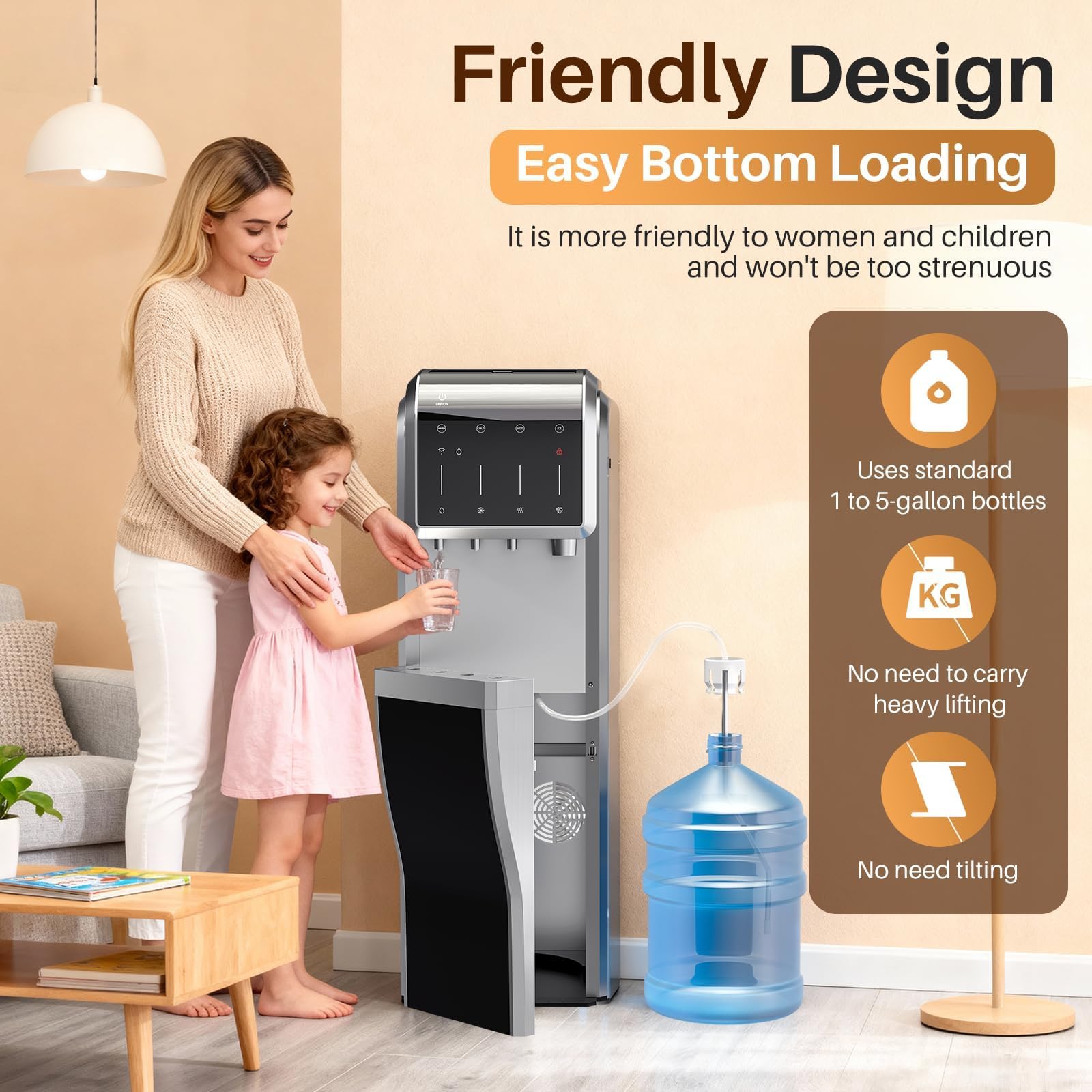 Excelpure 5-In-1 Bottom Loading Water Dispenser With Ice Maker, 3 Temperatures Settings - Hot, Cold And Room Water Cooler For 5 Gallon Bottle, Child Safety Lock, 35lbs/24h, WiFi, Stainless Steel on Fridge.com - View 6