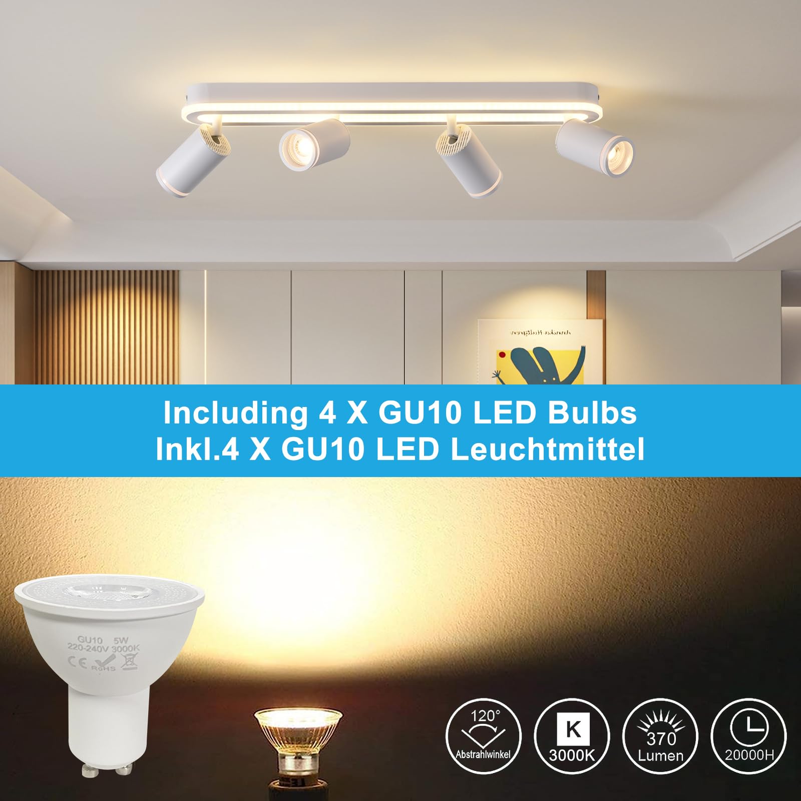 SANSHI Faretti da Soffitto Orientabili Interno LED 4 Luce,Faretti da Parete con Inferiore 36W+4x5W,GU10 Lampadario Faretti,Moderna Plafoniera Faretti Bianco Caldo 3000K per Cameretta Cucina,Bianco