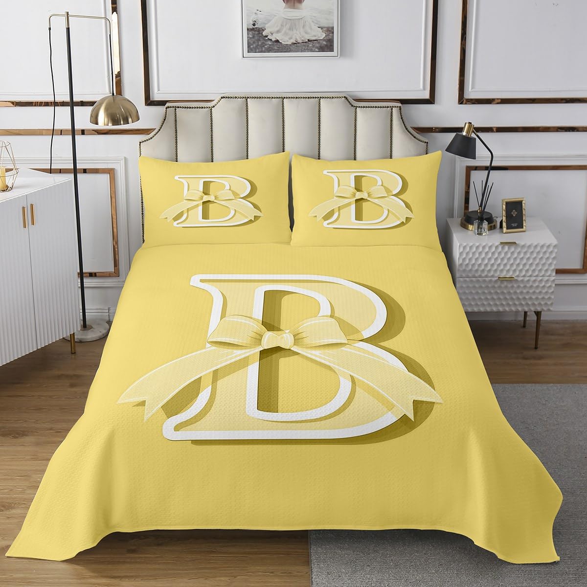 jejeloiu Kids Girls Yellow Bow Bedspread King Size Monogrammed Coverlet Set Ultra Soft Personalized Initial B Quilted Coverlet Modern Fashion Bedspread Room Decor Bowknot Quilted