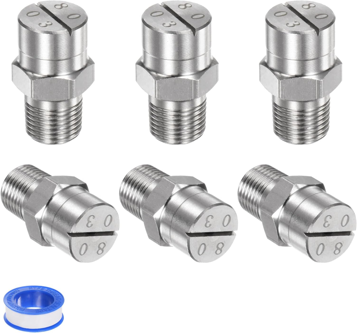 6-Pack Flat Fan Spray Tip, 80 Degree 1/8BSPT Male Stainless Steel Pressure Washer Nozzles Cleaner Nozzle Replacement W Sealing Tape for Water Guns (1.1mm Orifice)