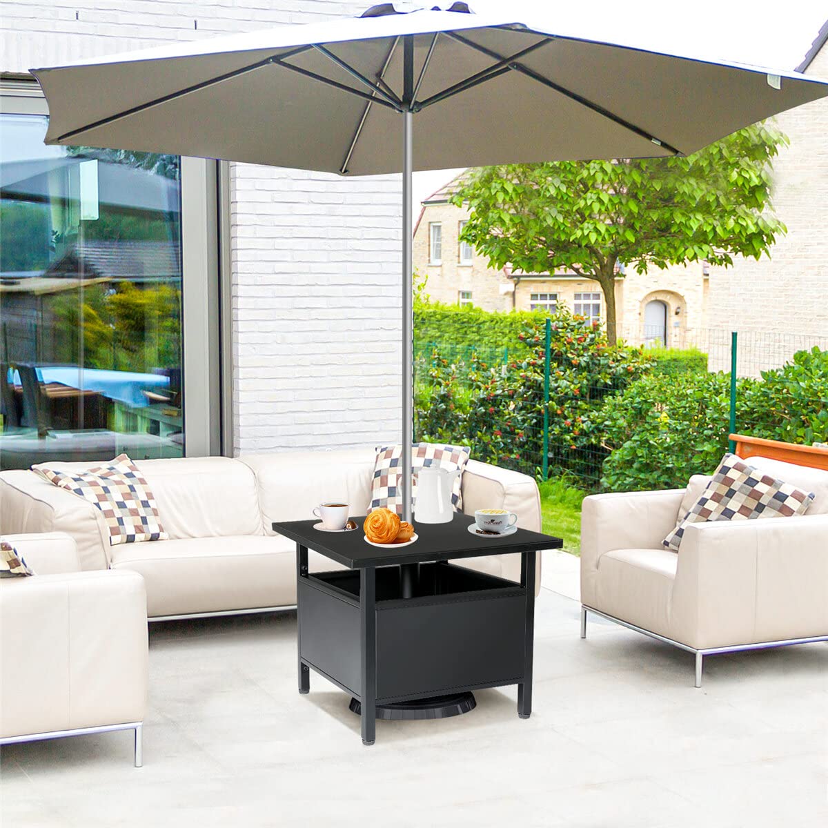 WnewTools Patio Side Table with Umbrella Hole Patio Umbrella Base Umbrella Stand Outdoor Base Square Side Table for Bistro Balcony Backyard Patio Garden Deck