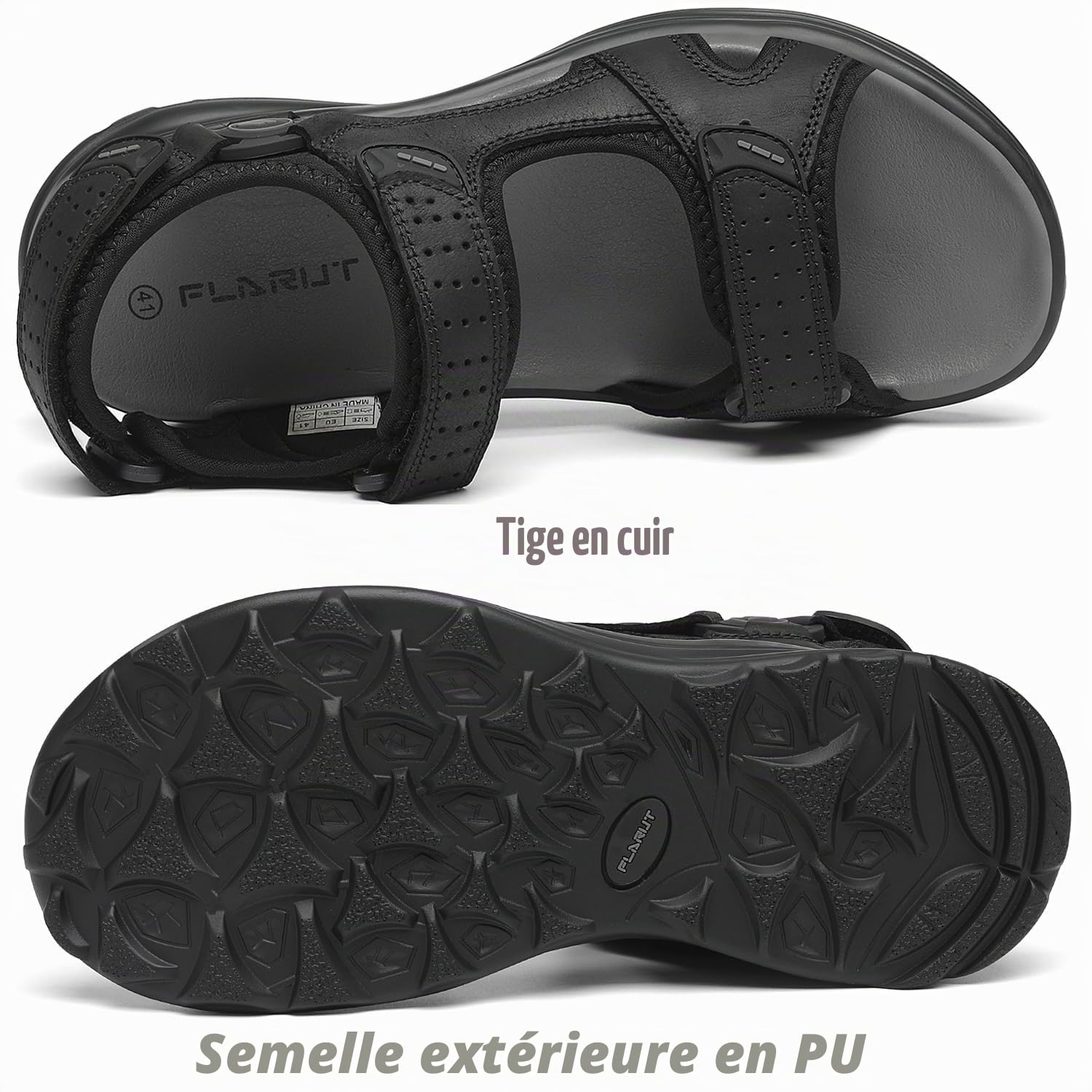 FLARUT Sandales Homme d'été pour Randonnée Chaussures de Marche(Noir,45) | Cuir Véritable,Pointe Ouverte,Semelle Caoutchouc Antidérapante,PU Léger et Amortissant,Fermeture Autocollante