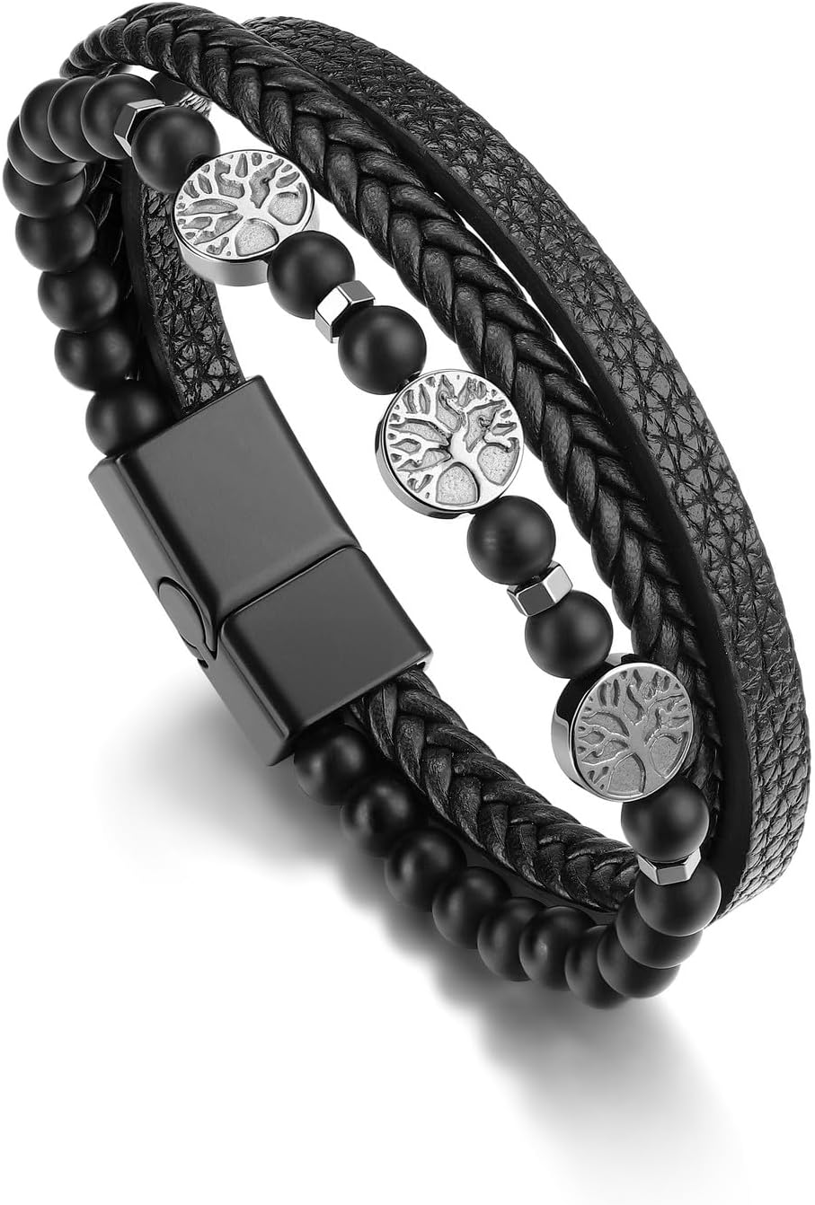 Life Tree Leather Bracelet for Men Multi-Layer Braided Natural Stone Tiger Eye Black Agate Beads Cuff Wristband Anniversary Birthday Christmas Jewelry Gifts for Him