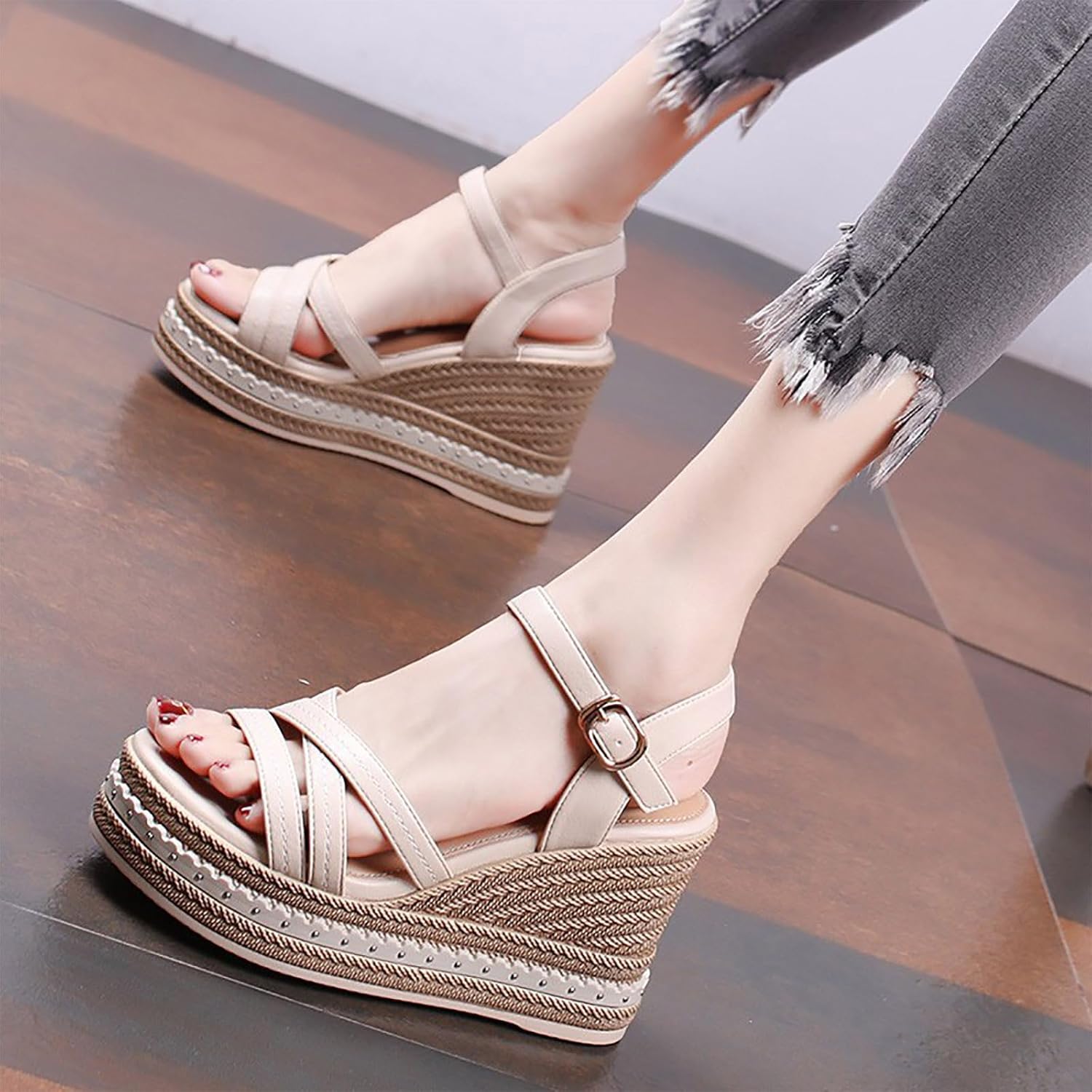 Tacones Puntera Alpargatas Con CuÃ±a Atadas Al Tobillo Zapatos De