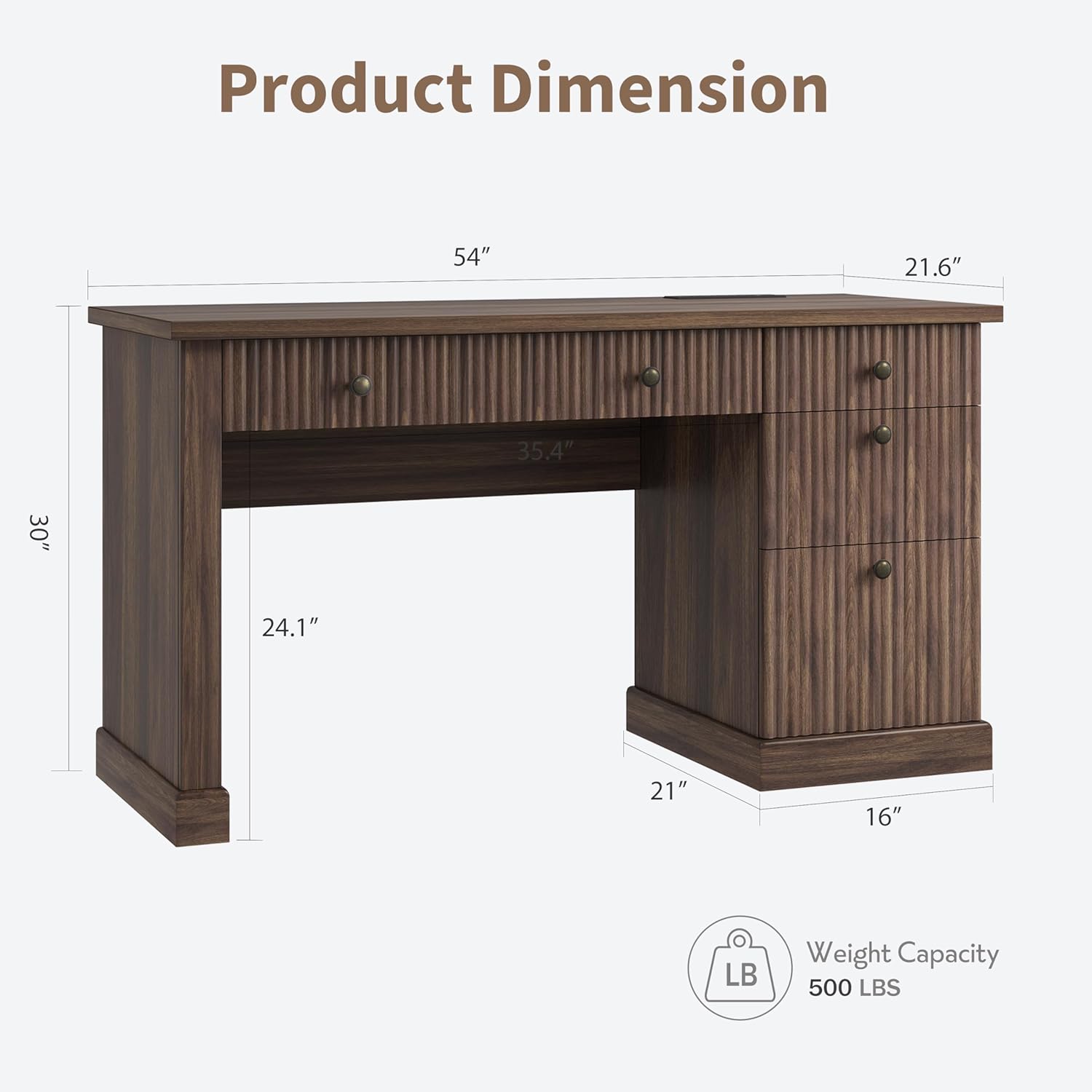 Garvee Fluted Home Office Desk Storage, 54 in Modern Executive Desk with Charging Station, Wooden Computer Writing Desk with File Cabinet & Drawers for Study Room (Brown, 54.0”L x 21.6 in D x 30.0"H)