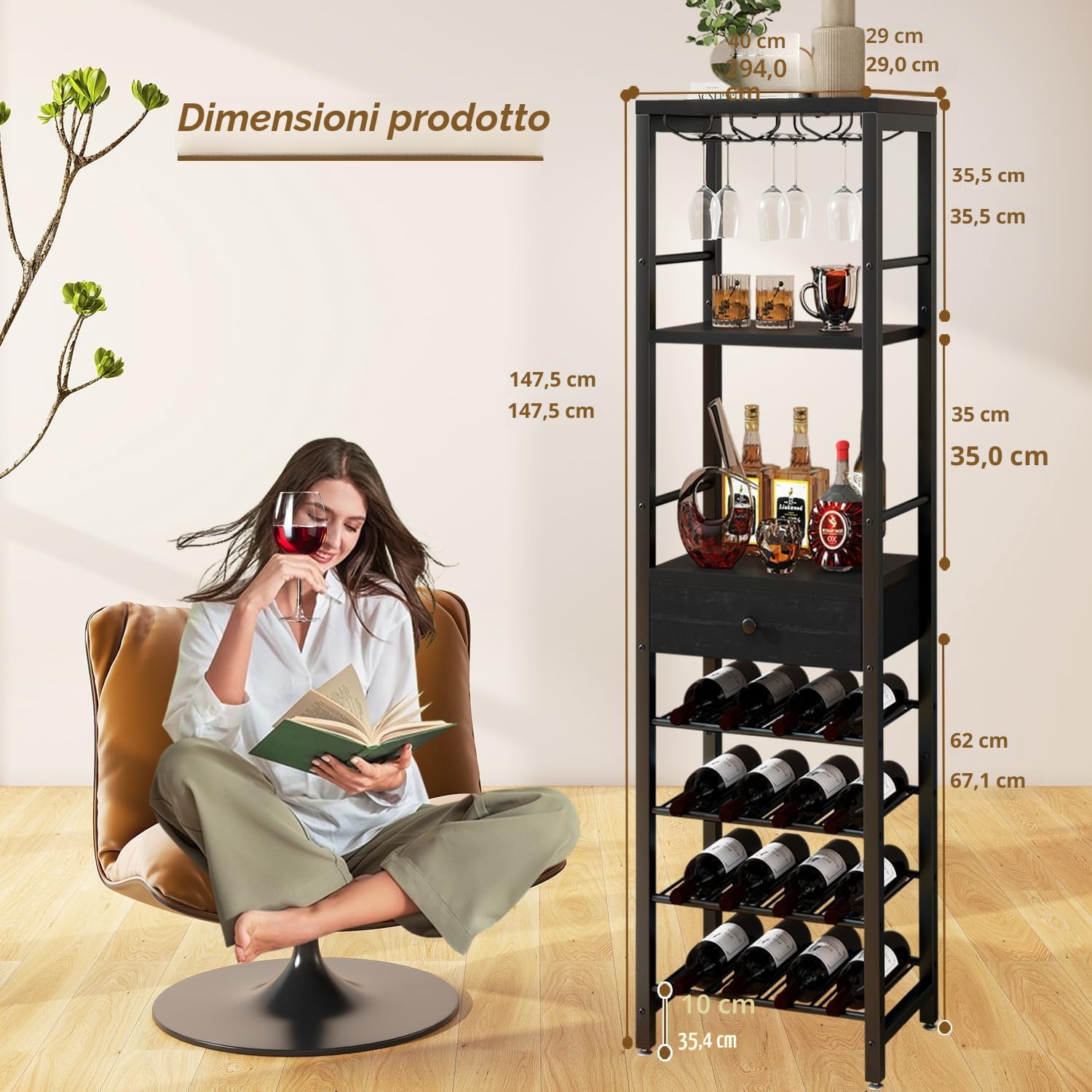 IBUYKE Portabottiglie autoportante da pavimento, armadietto da bar, mobile da bar a 4 ripiani, in legno, con porta bicchieri e cassetto portaoggetti per casa, bar, cucina, soggiorno, nero, TMJ905B