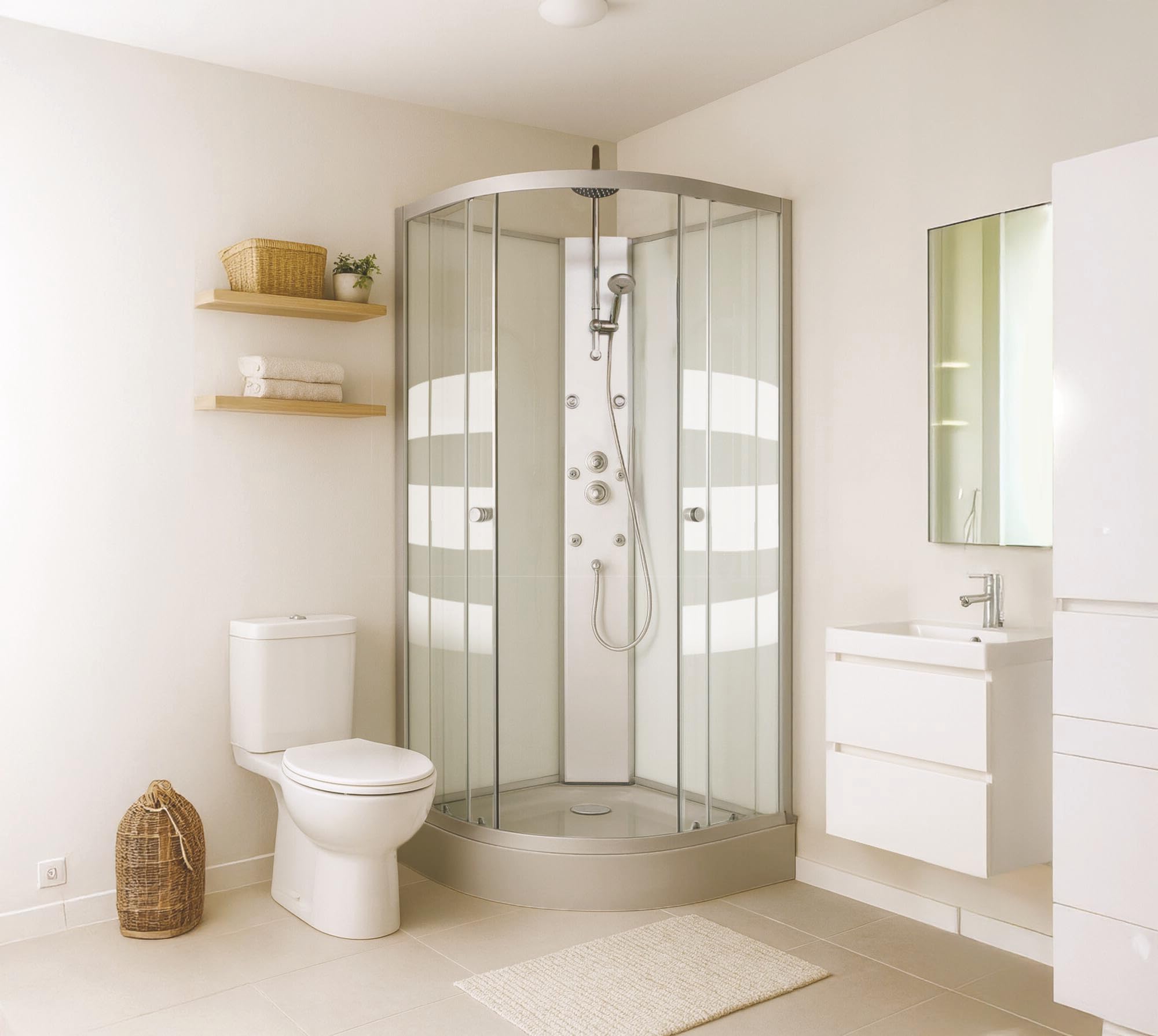 Cabina de ducha hidromasaje AMELIA - 1/4 de círculo - Perfiles de aluminio gris - Base gris - Kit de montaje incluido - Drenaje de 90mm - Sin manguera de conexión - 90x90x224 cm