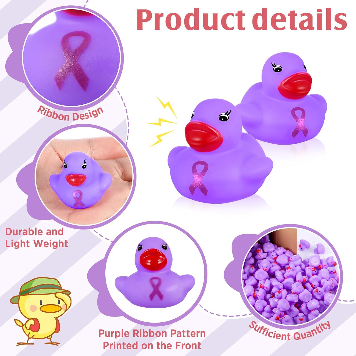 200 Pcs Purple Rubber Ducks Alzheimers Awareness Ribbon Bath Duck Float Mini Bath Toys Bulk Pancreatic Cancer Domestic Violence Awareness Products for Charity Event Supplies