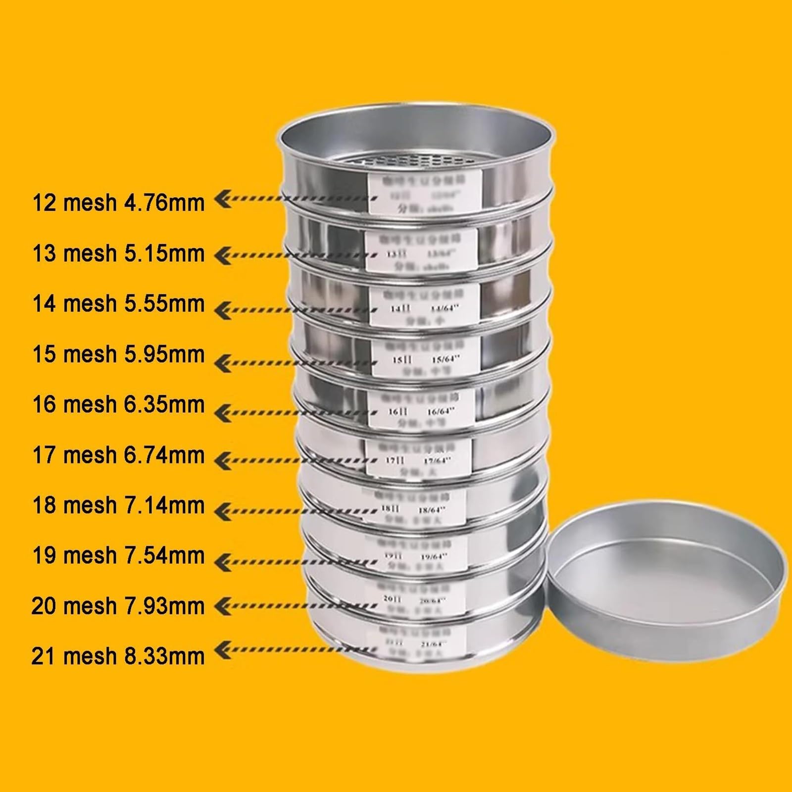 10 Schichten Kaffeebohnensieb, 304 Edelstahl, Präzisionssieb-Set mit Bodenschale, 20,3 cm rundes Sieb, 12-21 Mesh, für Zuhause, Café, Labors