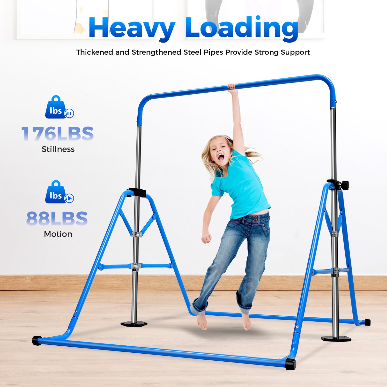 Barra de gimnasia para niños, barra de gimnasia para jardín, niños, altura ajustable, 5 alturas ajustables, para 3-8 niños y niñas, dispositivo de entrenamiento de hasta 100 kg, color azul