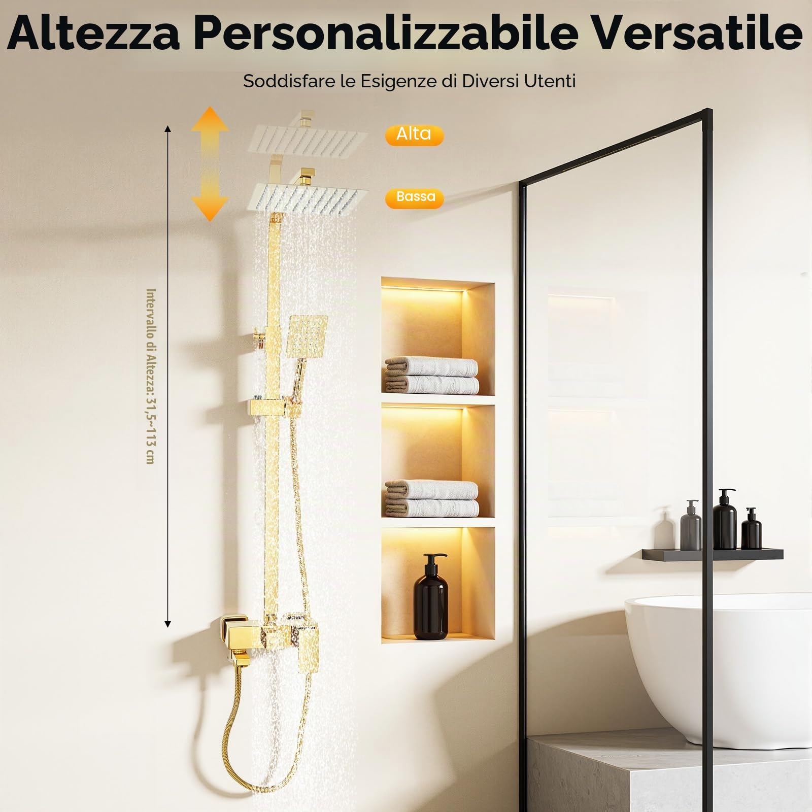 Sistema doccia in acciaio inossidabile - Doccia effetto pioggia - Con doccetta dorata - Colonna doccia regolabile in altezza - Per casa e hotel