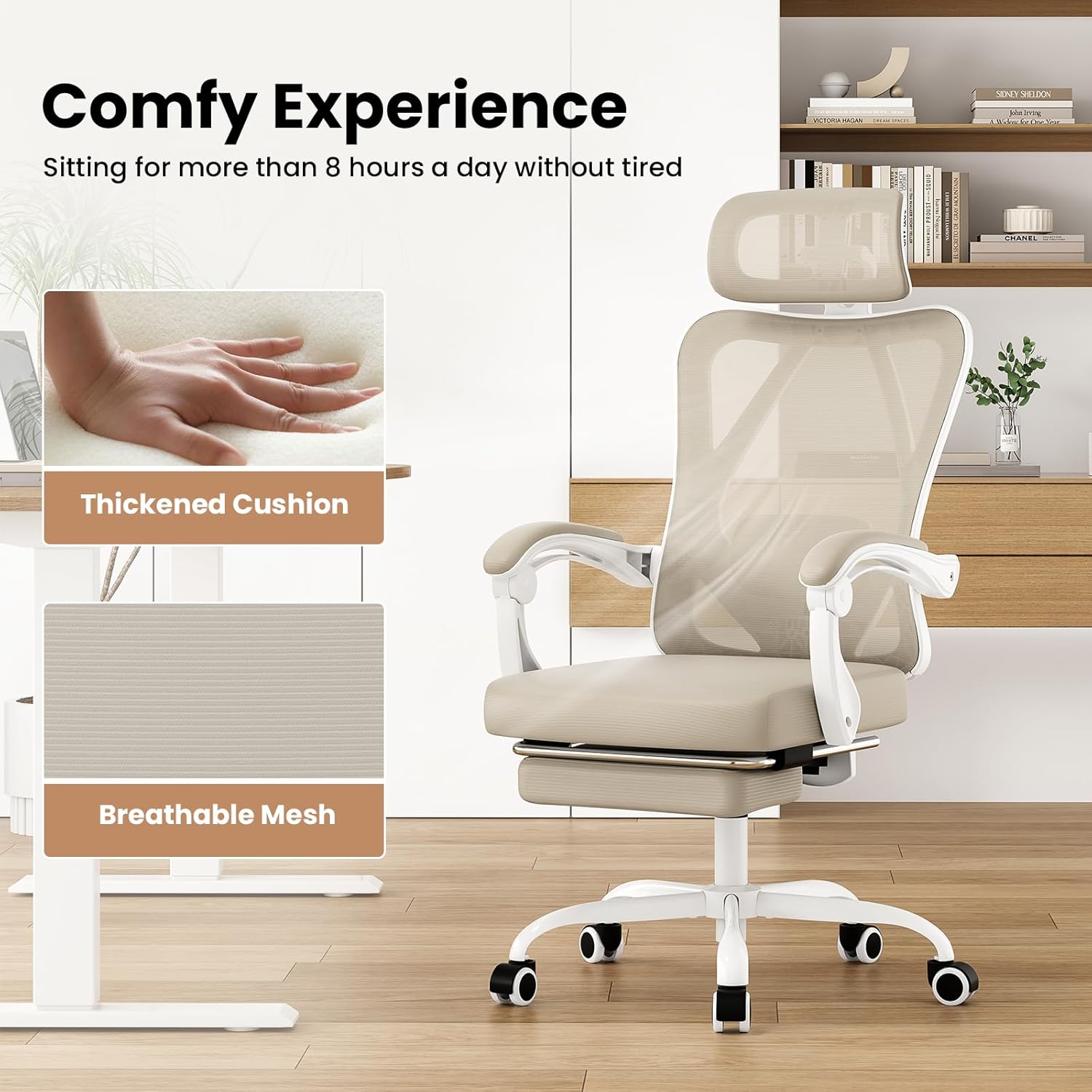 Farini Office Chair with Footrest, Ergonomic Mesh Office Chair with Headrest, High Back Desk Chair with Lumbar Support, Swivel Computer Chair for Office Study Room, White and Khaki