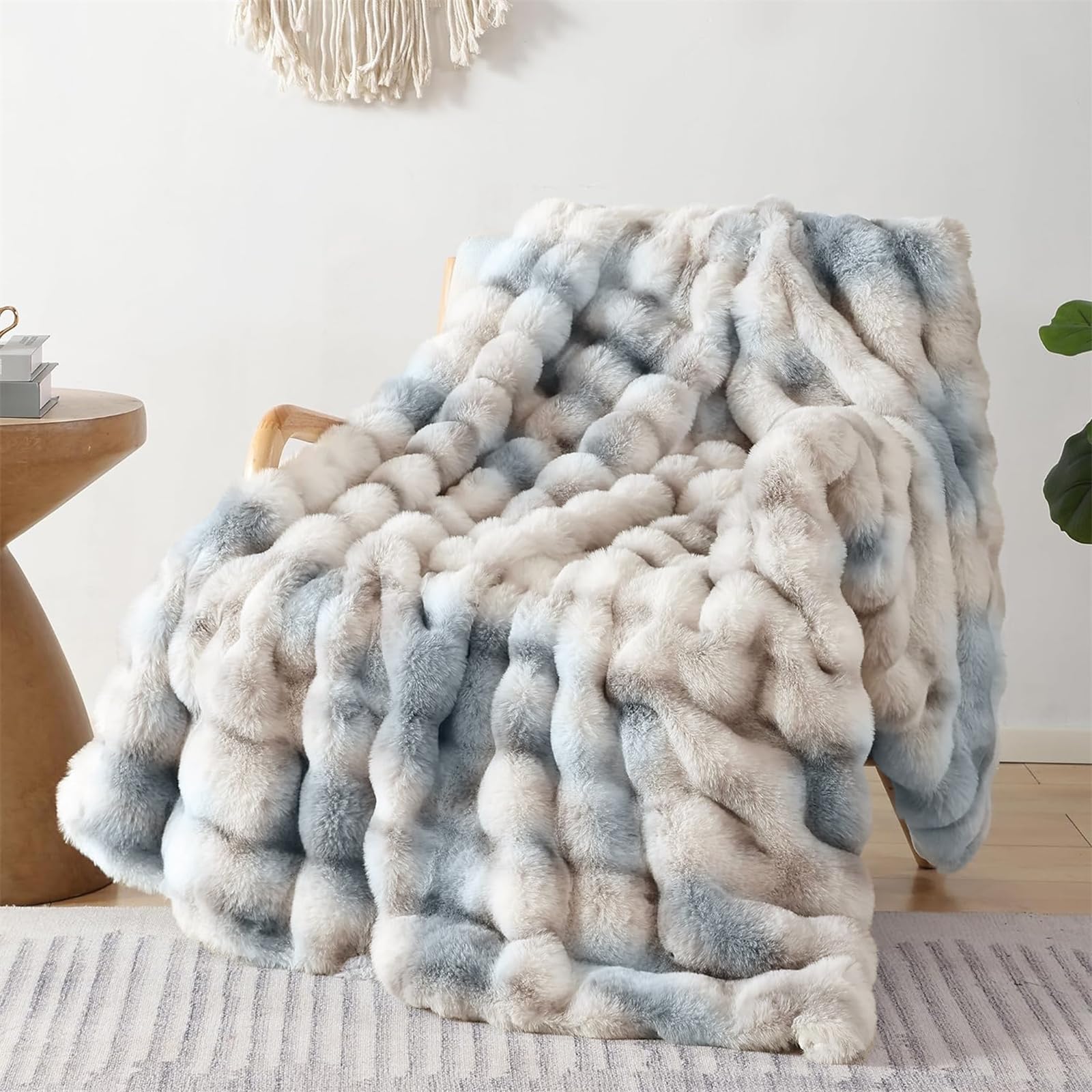 Lingky Women's Tie Dye Blue Faux Rabbit Fur Luxury Plush Sherpa Throw Blanket - Super Soft Cozy Fuzzy Sofa Blanket Large Fluffy Blankets Warm Bed Throws For Couch Bed Sofa, 100X160cm,