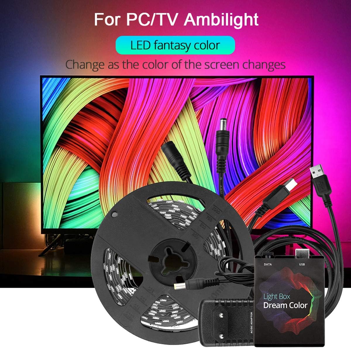 Android TV/PC LED Strip Ambient Light, Excellux TV Backlight, 5050 SMD LED Light Strip, Dreamcolor Individually Addressable led Tape Lights, Ws2812b led Strip with APP for 60-70''in, 300 LEDs 16.4ft