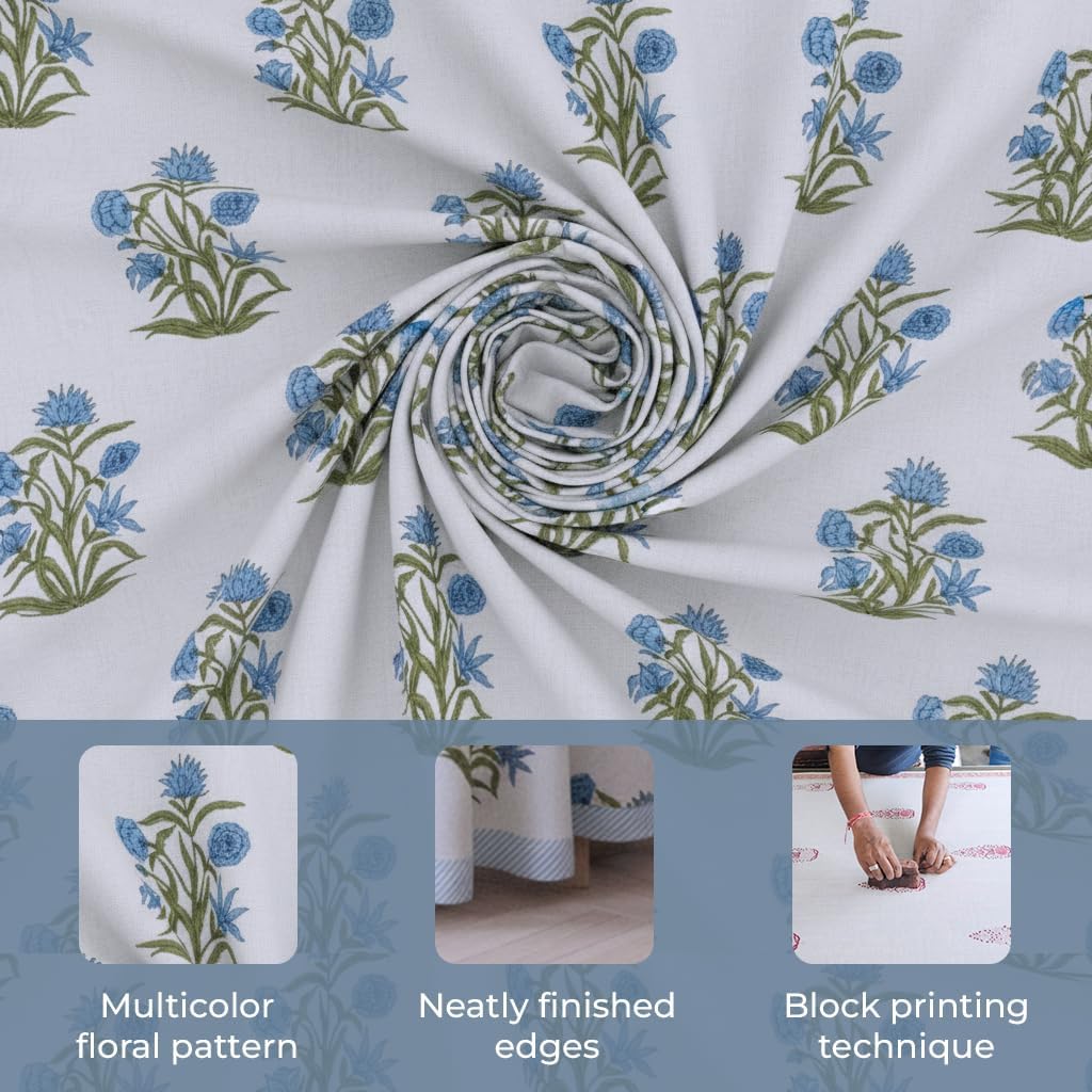 Floral Round Tablecloth, Blue & Green Hand Block Printed Cotton with Striped Border, Handmade Dining Table Cover (60 Inch Round Seats 4)
