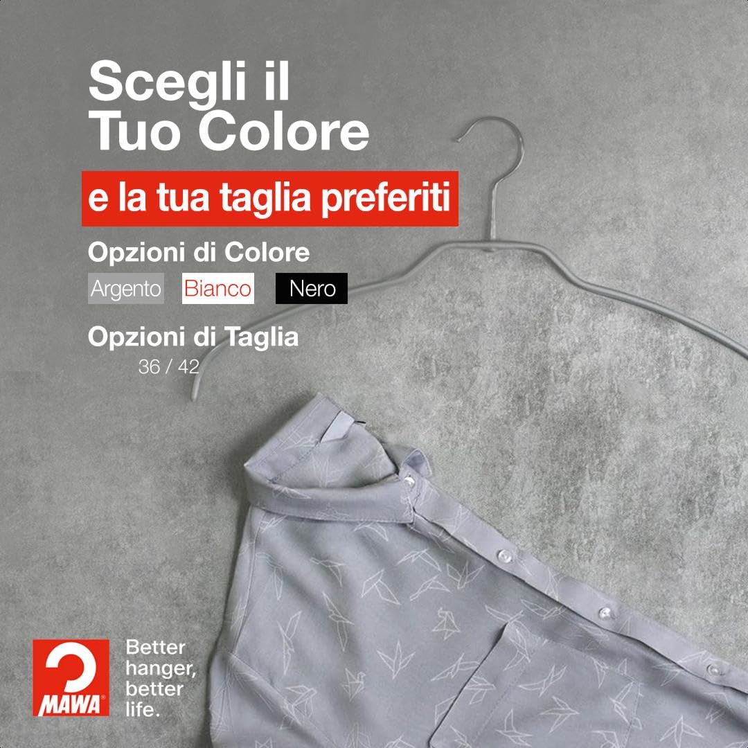 MAWA Grucce Appendiabiti Light 50%, Set di 100 Grucce Salvaspazio e Antiscivolo, Ideali per Camicie e Bluse, Gancio Girevole 360°, Rivestimento Antiscivolo, 42 cm, Argento