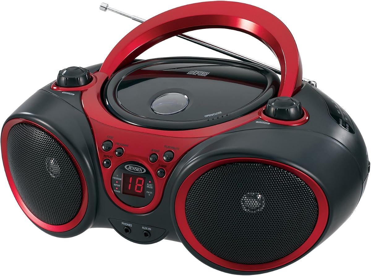 JENSEN CD-490 Reproductor de CD estéreo portátil con radio AM/FM y entrada de línea auxiliar, rojo y negro