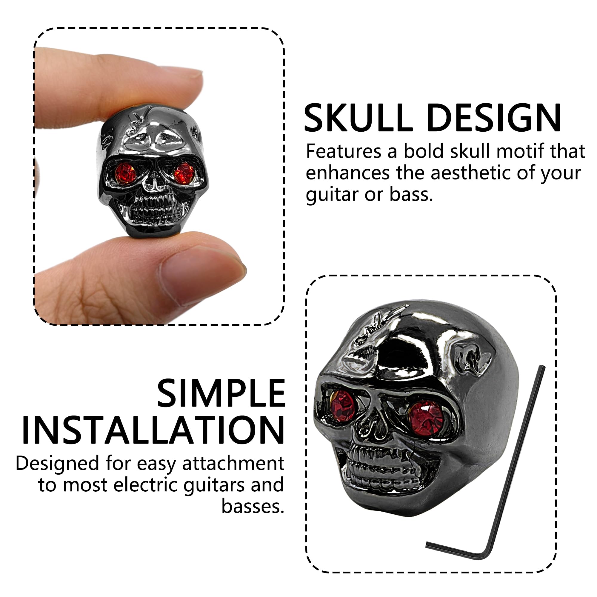 Musiin 4 Packs Electric Guitar Bass Skull Volume Knob Cap Metal Personalized Replacement Parts, Black - Image 3