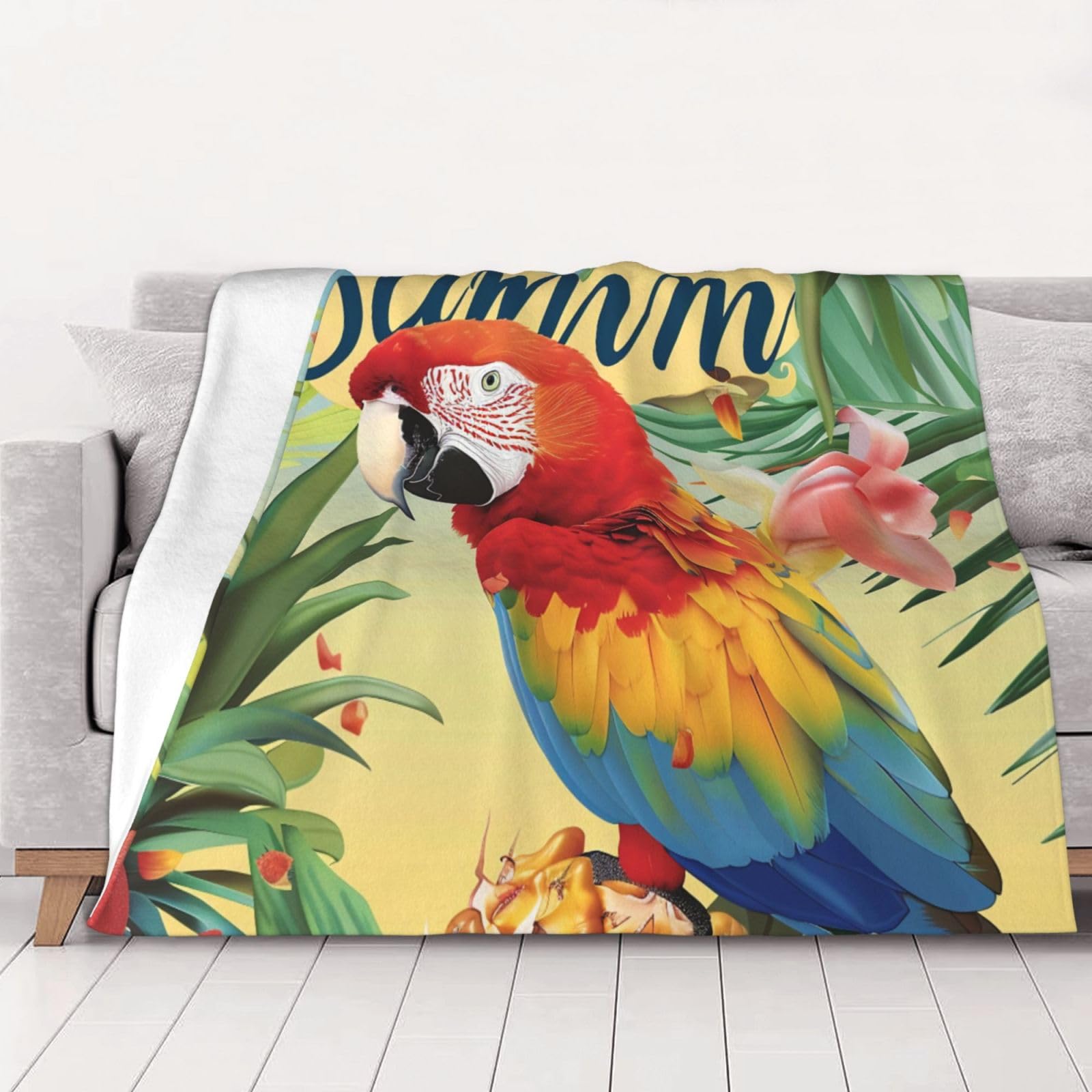 AUBKFELD Summer Parrot Pineapple Bird Printed Flannel Blanket 125x100 CM, Soft & Warm Throw Blanket for Sofa/Couch/Bed/Car, Gifts for Audlts Women Men