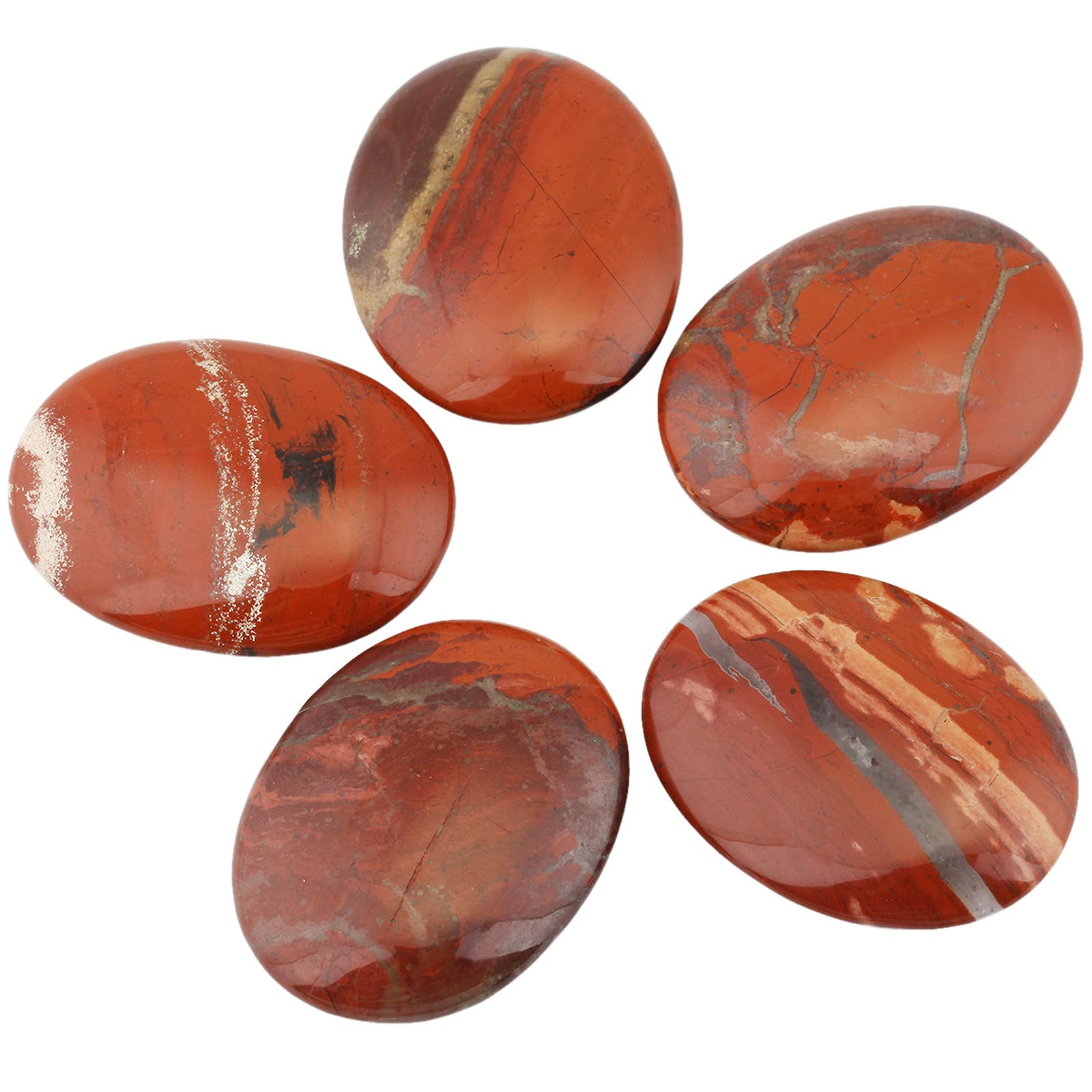 Rockcloud Oval Worry Stones,Palm Pocket Stone,Healing Crystal Chakra Therapy Geometry,Red Jasper,Pack of 5