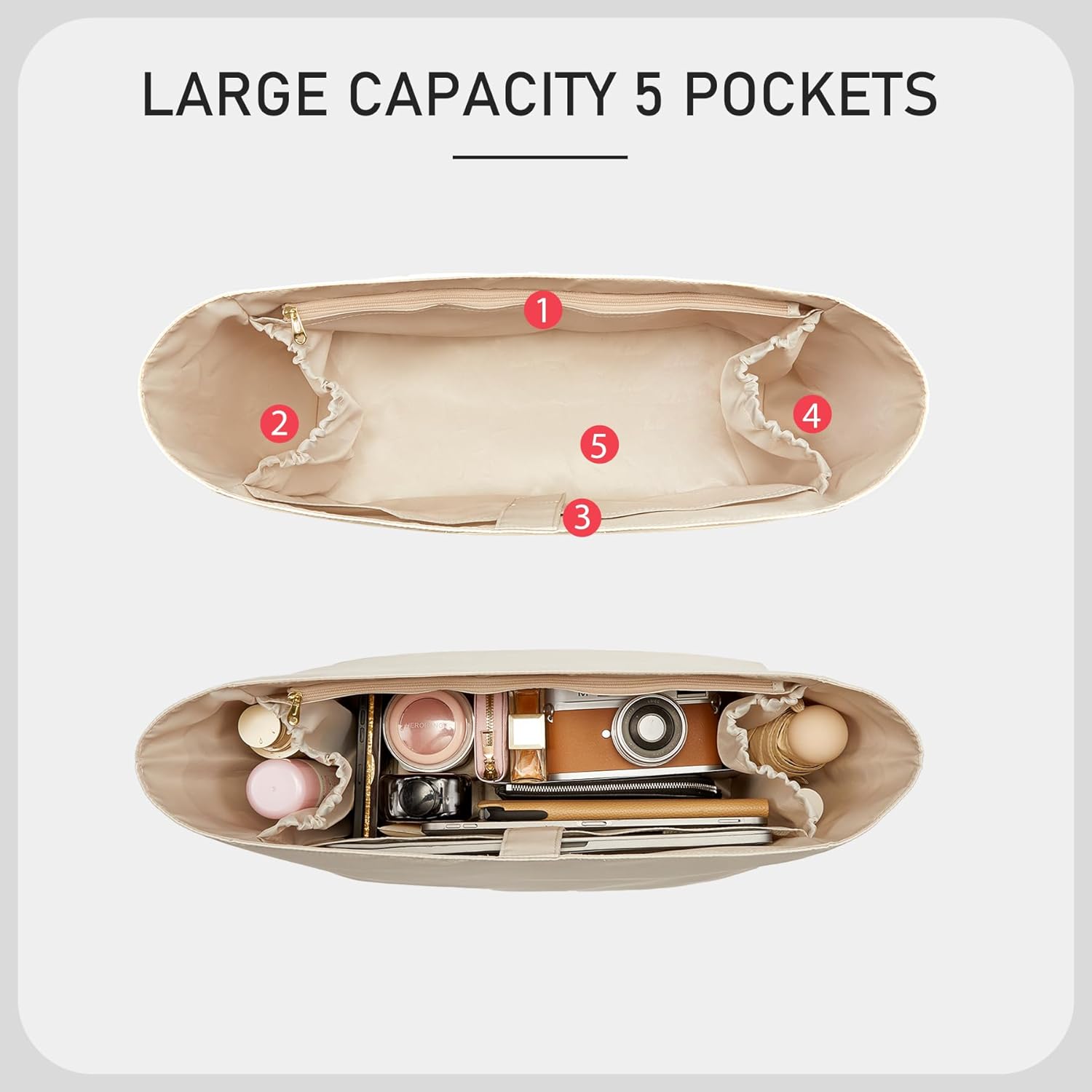 Laptop Pocket Tote Bag Organizer Insert for Saint Louis GM Bag, Custom Soft Nylon Purse Insert with Elastic Cup Holder, Smooth Zipper Inner Linner Shaper for Women Handbags, Beige - Image 4