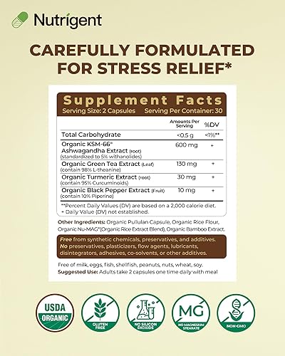 Miniatura 4 de USDA Organic KSM-66 Ashwagandha 600mg con L-teanina orgánica, cúrcuma y pimienta negra, apoya la calma, la concentración, la relajación
