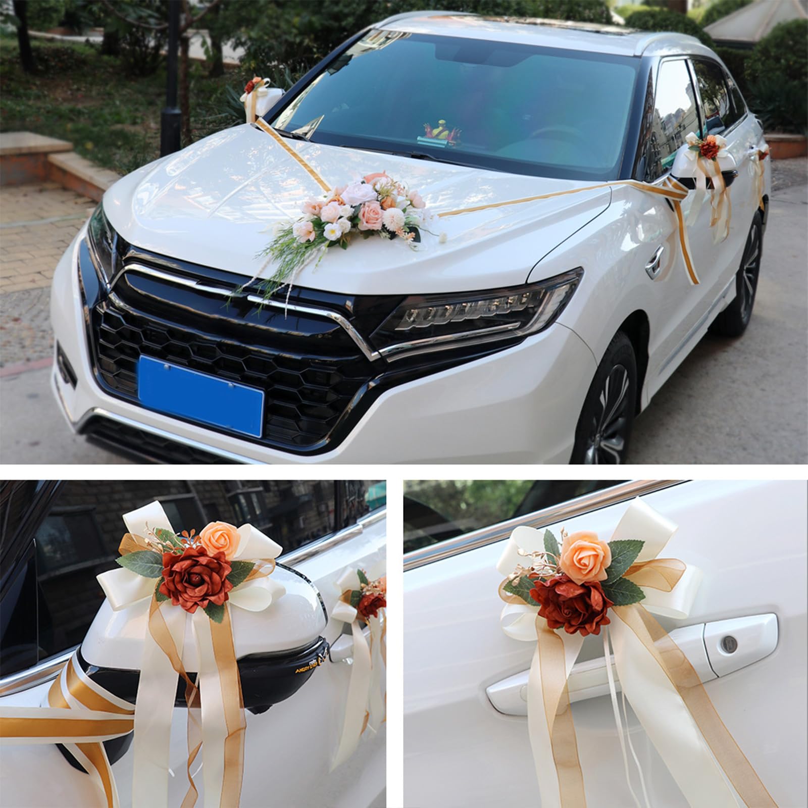 Hochzeitsauto-Dekoration, 7-teiliges Set mit realistischer Kunstblume für Auto-Dekorationen, inklusive Rückansicht und Türknauf, elegante Dekoration