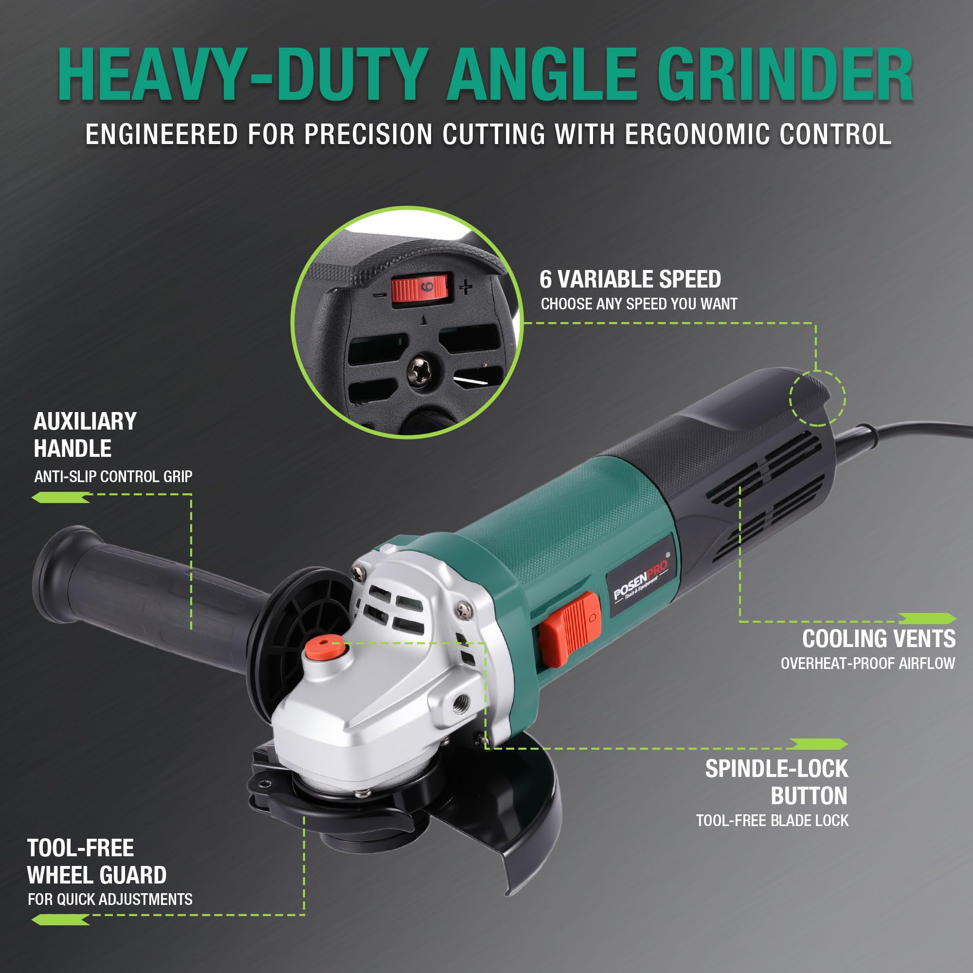POSENPRO Professional Smerigliatrice Angolare 1200 W, Ø Disco: 125 mm, 3000-12.000 giri/min con 6 Velocità, con Bloccaggio Rapido, Filtro Antipolvere, per Smerigliare, Lucidare e Levigare