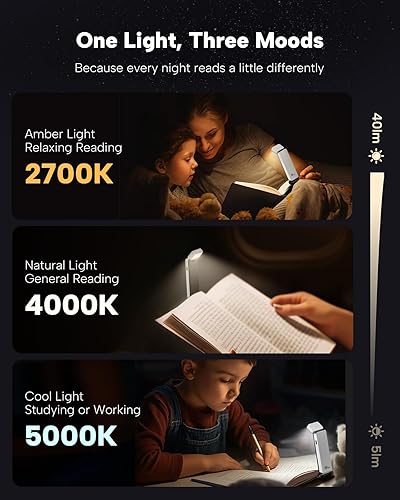 Miniatura 52 de 86lux Luz de libro, luz de lectura LED recargable con clip para uso en cama y noche, 3 temperaturas de color con atenuación continua, diseño de Oro