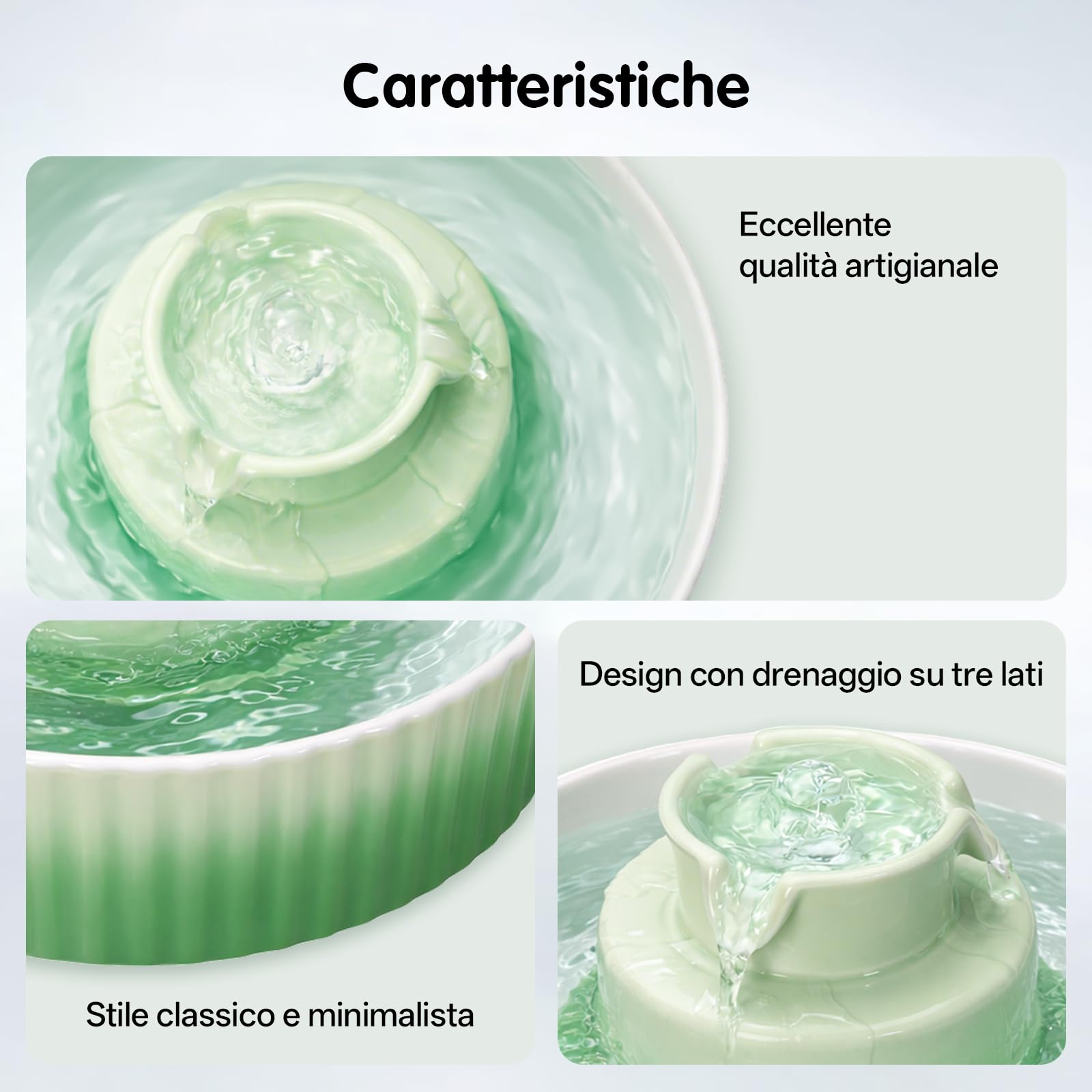 Fontanella per Gatti Ceramica, 2.1L Fontana per Gatti ceramica, Silenziosa con Filtro ai Carboni Attivi, per più animali domestici, colore sfumatura verde