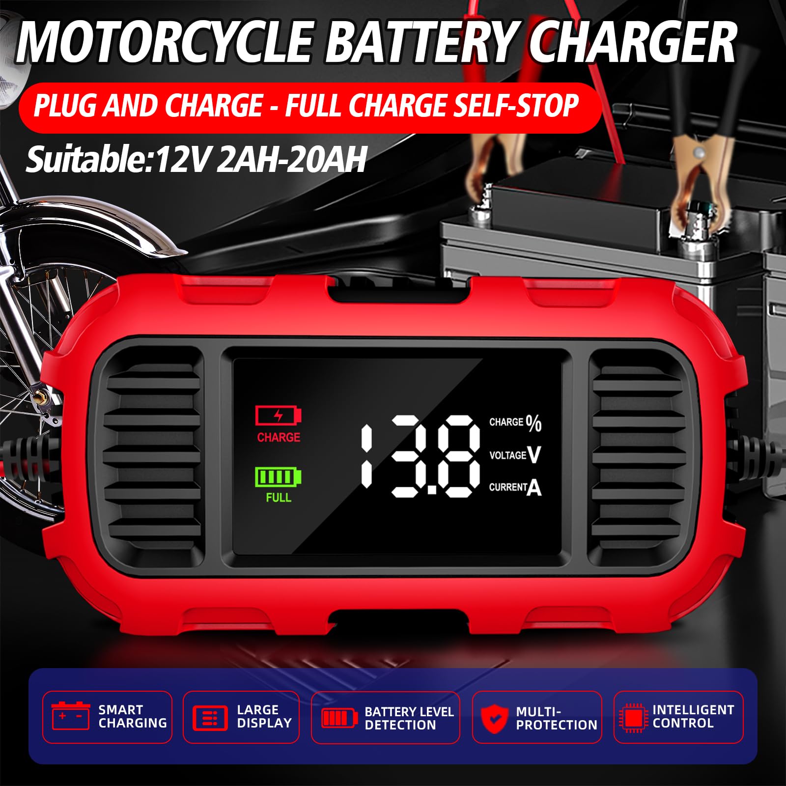 1.5A Smart Battery Charger 12V Motorcycle Charger Smart Car Battery Maintenance Trickle Charger Float and Desulfurizer for All Kinds of Motorcycle Batteries