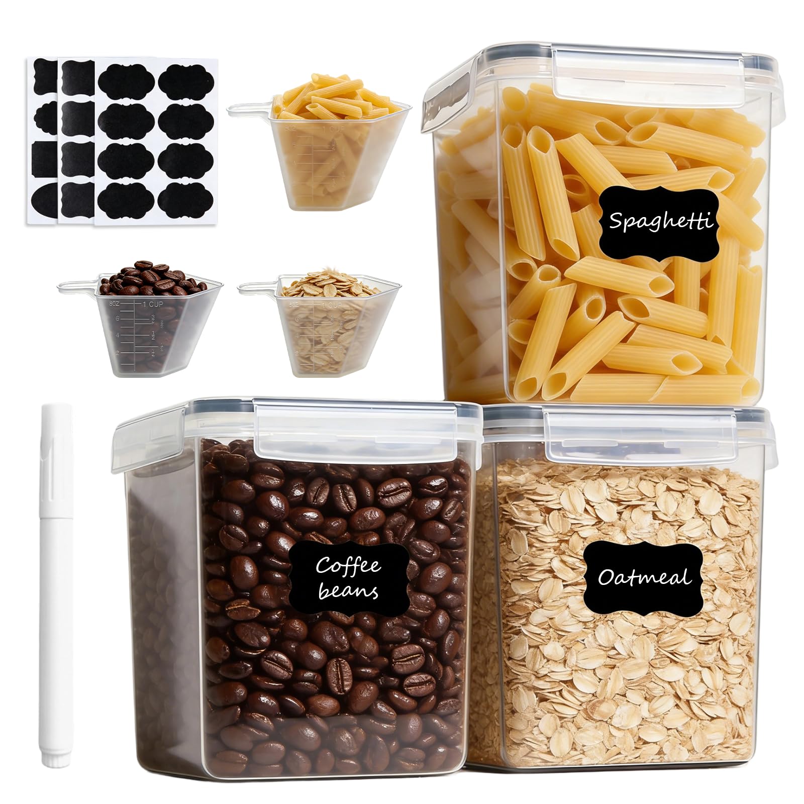 Flour Storage Containers 2.5L Set of 3, BPA Free Plastic Airtight Canisters for Flour, Airtight Food Storage Containers with Clip-Lock Lids for Cereal, Rice, Sugar, Pasta with Measuring Cups, Labels