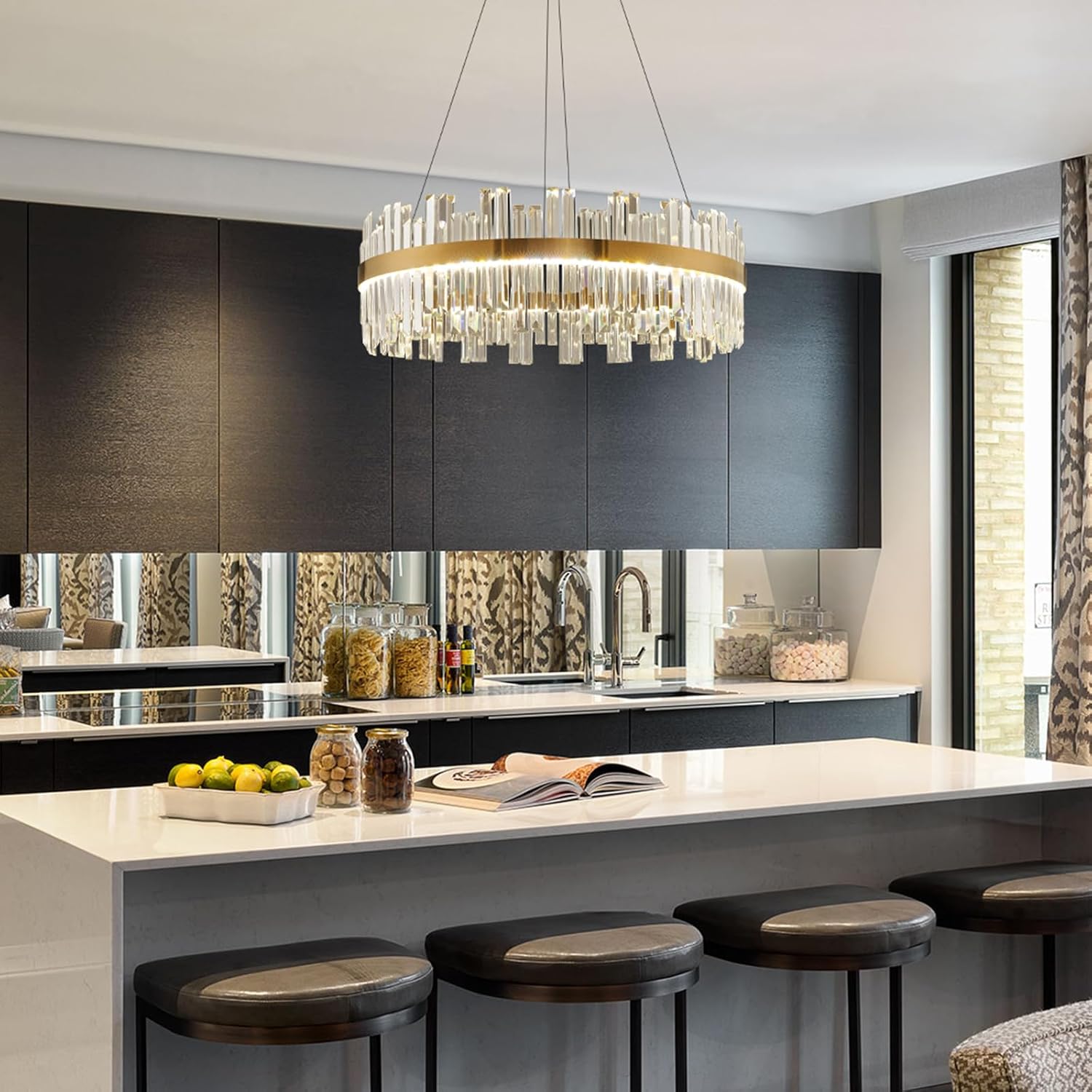 Gold Modern Crystal Led Chandelier: 23.6" Dimmable K9 Crystals Chandeliers over Table - Golden Luxury Glass Round Chandelier - Height Adjustable Drum Chandelier with Remote for Dining Room Living Room