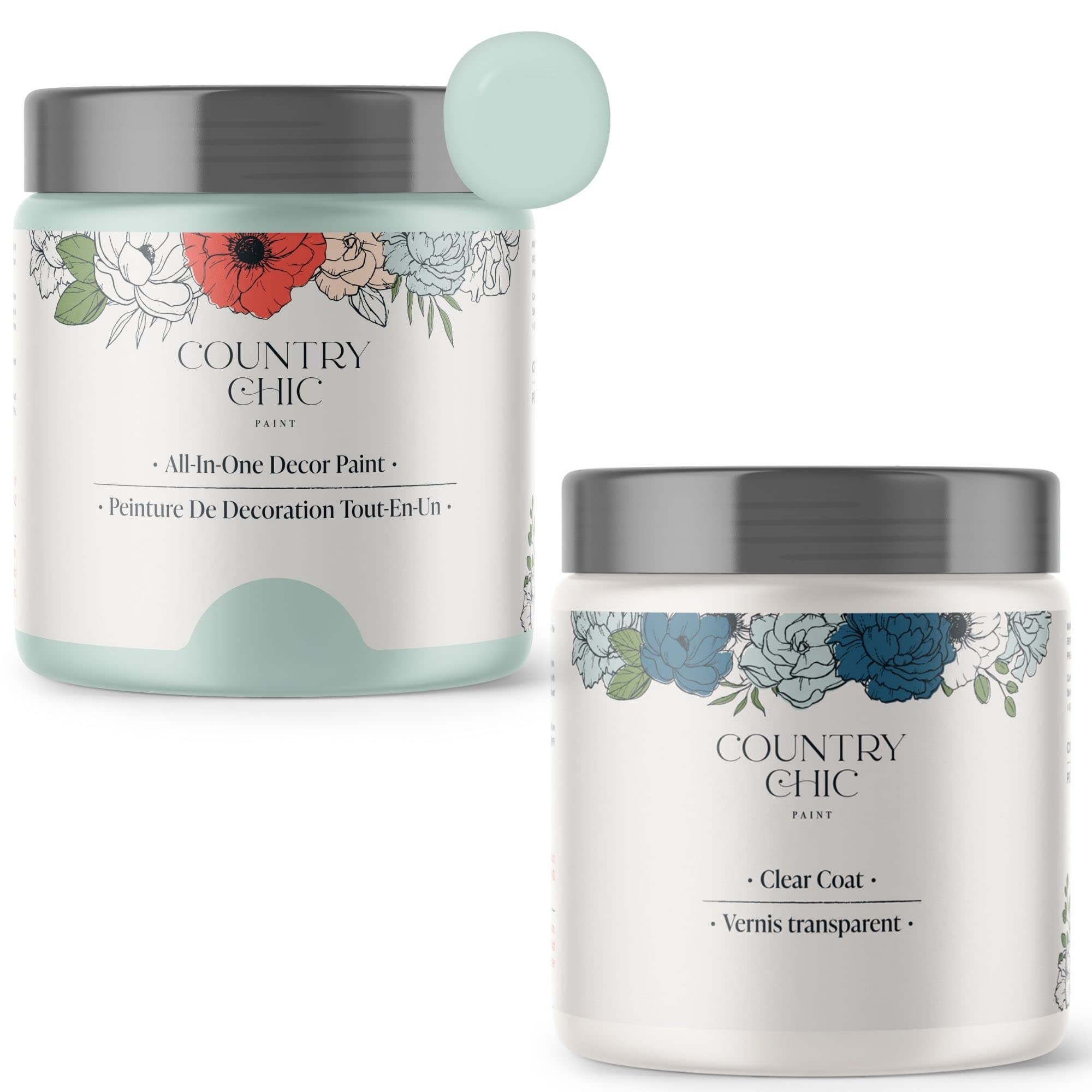 Country Chic PaintChalk Style Paint + Clear Coat Bundle - for Furniture, Home Decor, Crafts (Color: Fancy Frock [pint - 16 oz] - Light Blue)