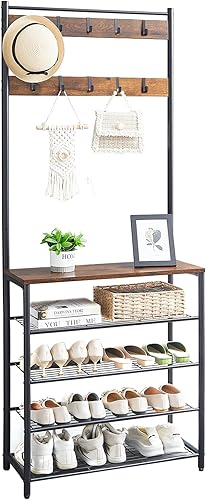 VIMBER Perchero y banco de almacenamiento, árbol de pasillo con zapatero para entrada, árbol industrial de 5 niveles con organizador de