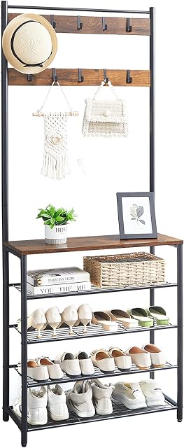 VASIHO Coat Rack Free Standing, Hallway Tree with Shoe Rack for Entryway, Industrial 5 Tier Coat Rack with Shoe Storage with 10 Hooks, 3 in 1 Entrance Bench (Rustic Brown)