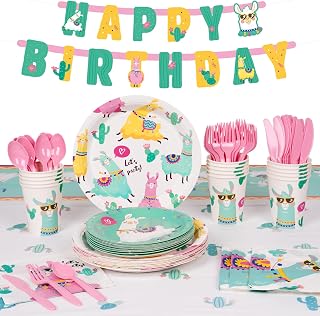 DECORLIFE 114 PCS Llama Birthday Party Decoration Serves 16, Llama plates and napkins for Girl Boy, Party Animal Plates, Includes Plates, Napkins, Tablecloth, Cutlery Sets, Banner, Cups