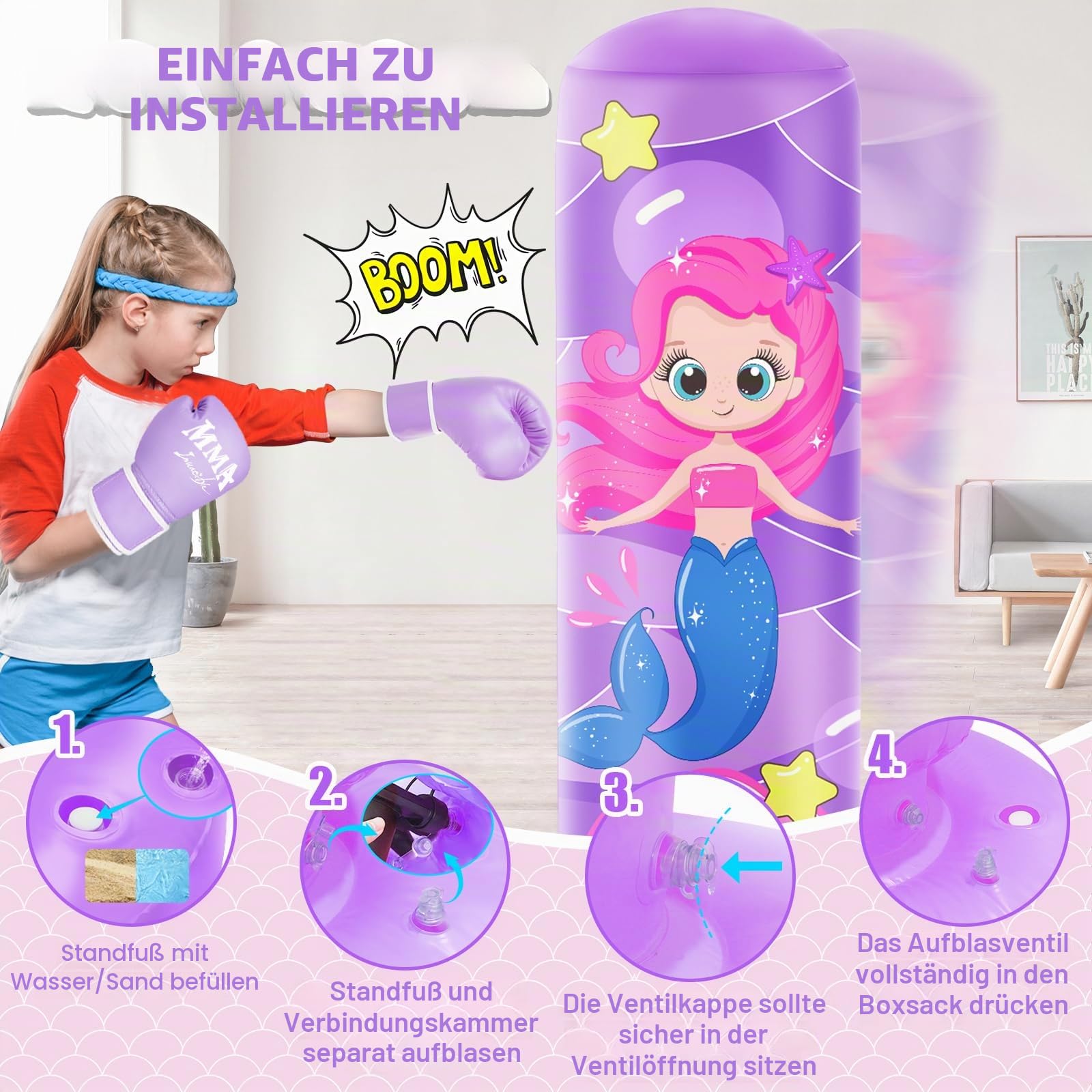 Boxsack für Kinder, 168cm Großer Aufblasbarer Kinder Boxsack mit Boxhandschuhen, Tolles Geschenk für Kinde r, Mädchen im Alter von 5–12 Jahren, Boxset zum Üben von Karate, Taekwondo, MMA