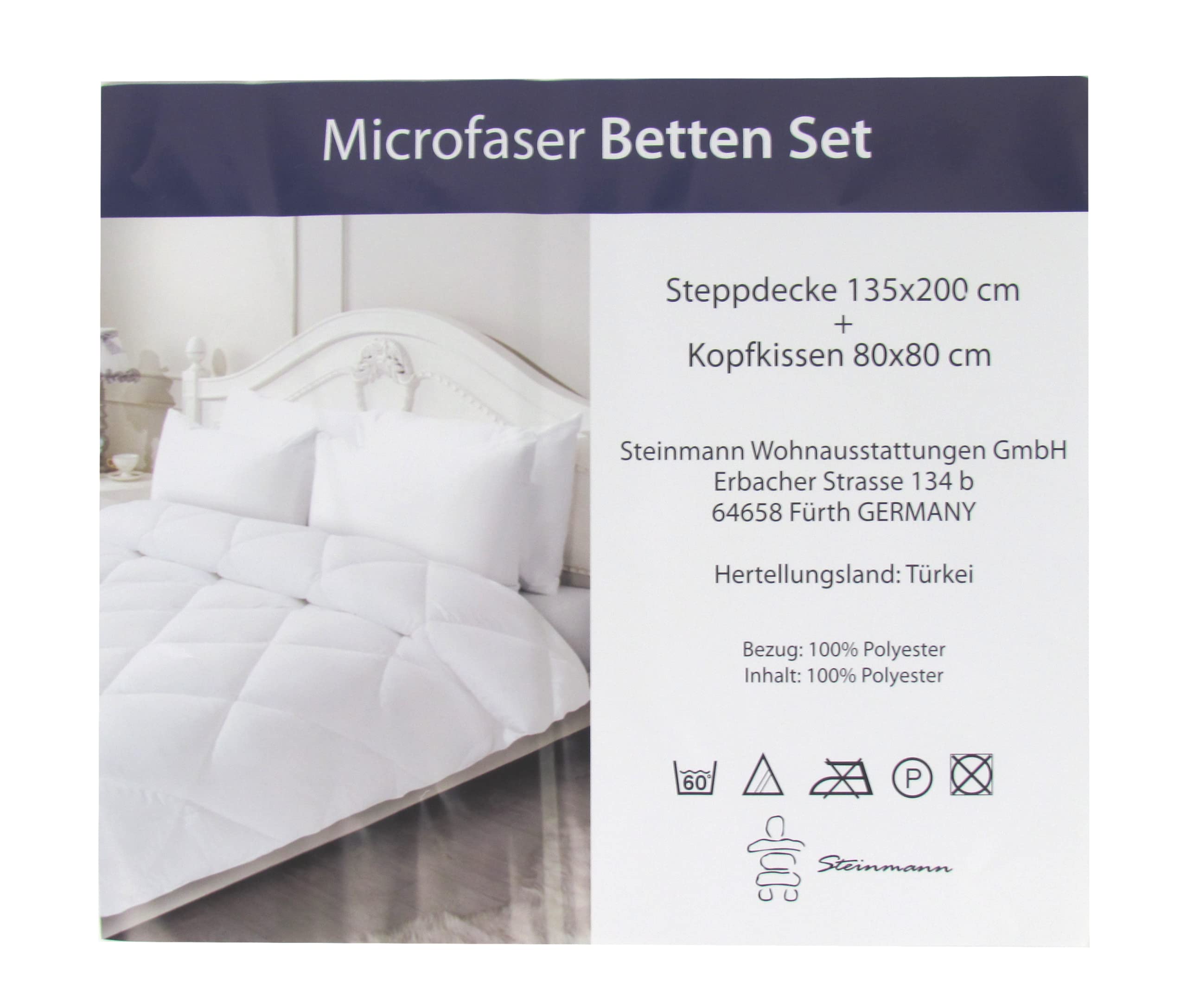 Mikrofaser Bettenset 2-teilig - Kopfkissen 80x80cm und Bettdecke 135x200cm - Allergiker geeignet (2 Sets)