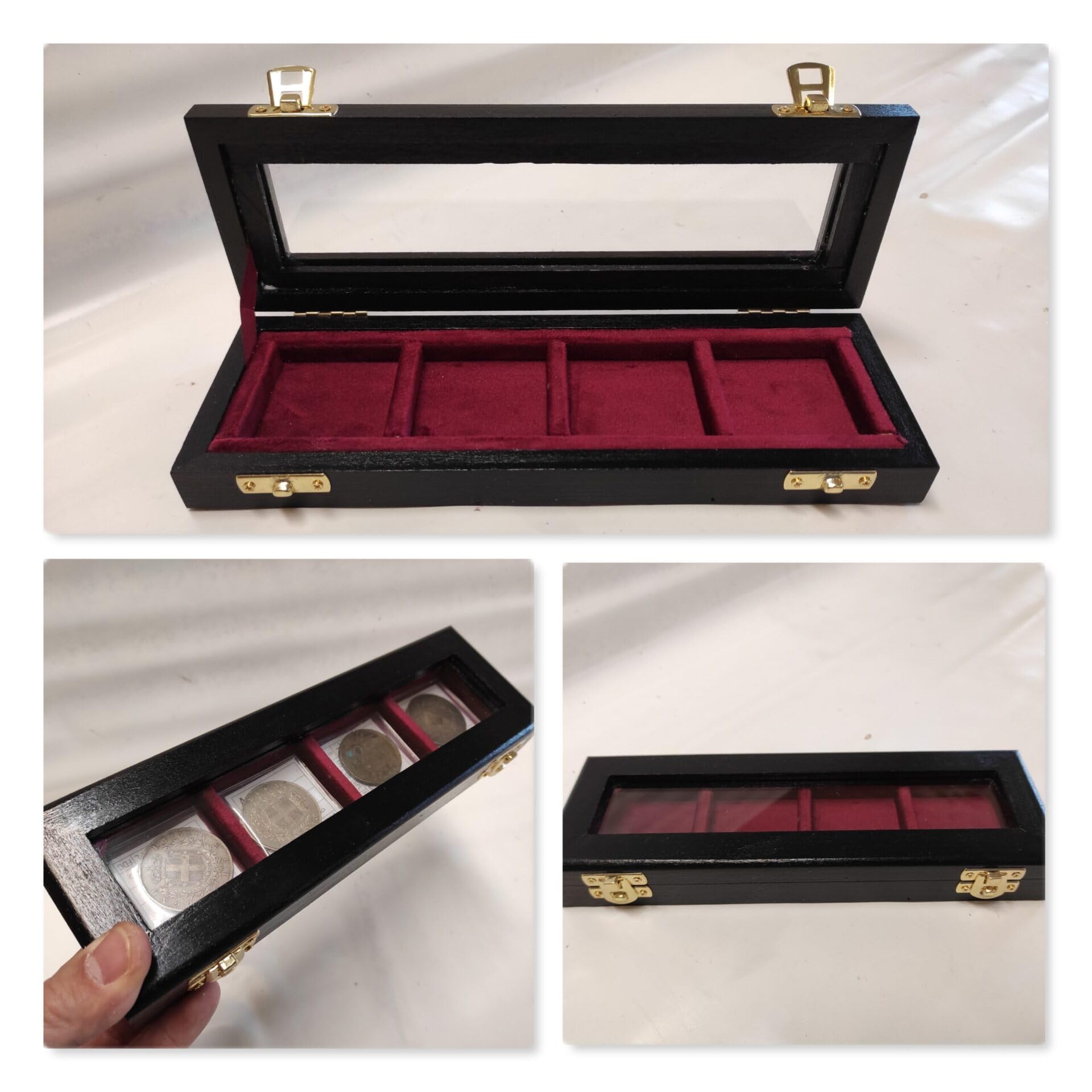 Cofanetto in legno per monete e medaglie 4 caselle 50x50 mm con vetro 3 mm e velluto italiano, numerato e certificato, espositore da collezione artigianale – Coins&More
