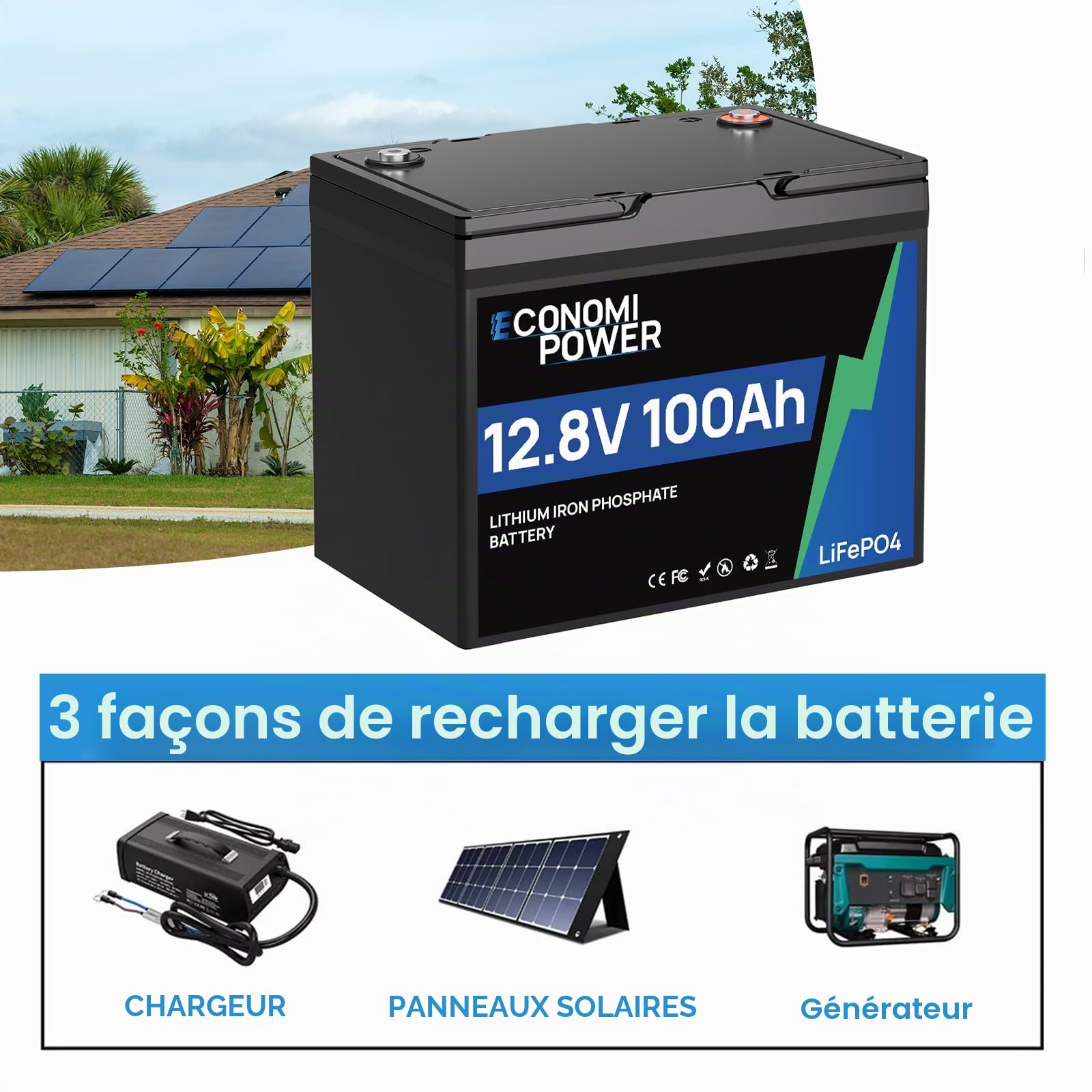 Batterie Lithium 12V 100Ah LiFePO4 100A BMS 4000-15000 Deep Cycle Lithium Battery, Max 1280 Wh pour Moteur de trolling, Camping-Car, système Solaire et Hors réseau