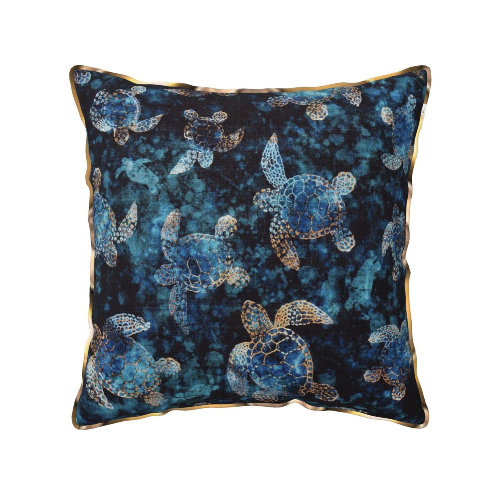 AUBKFELD Sea Turtle Printed Velvet Cushion Cover 45x45 CM with Gold Edging Strip, Square Pillowcase Soft Throw Pillow Covers Case Decorative for Living Room Sofa Couch Bed Bench