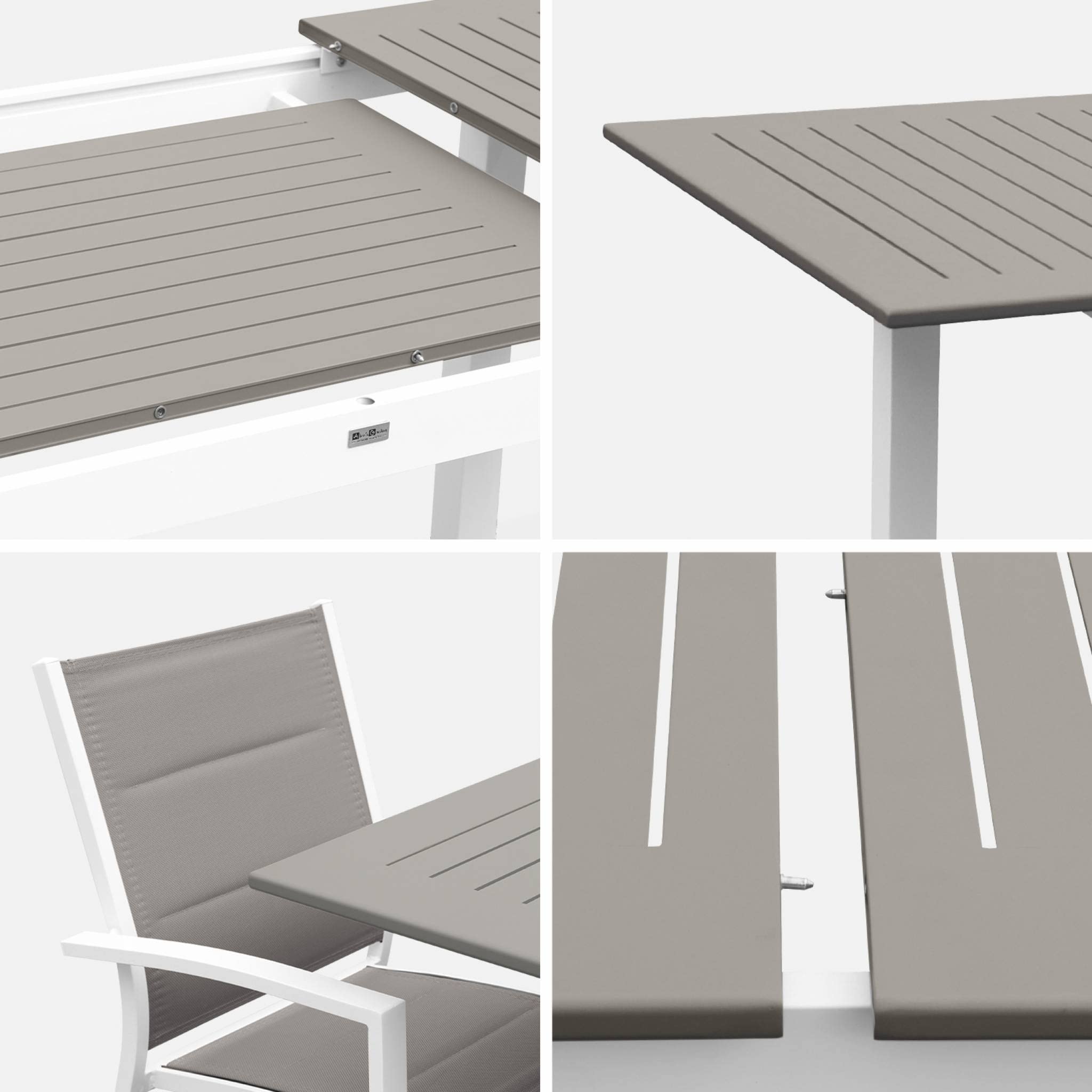 Alice's Garden - Table de Jardin Extensible Aluminium + 6 assises - Chicago 210 Taupe - Table en Aluminium 150/210cm avec rallonge et 6 assises en textilène