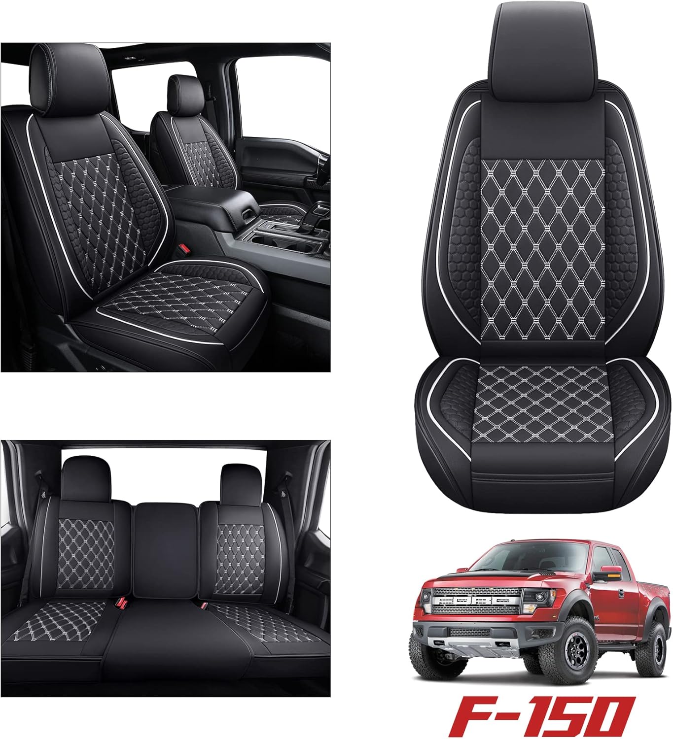 Tomatoman Truck Car Seat Covers Ford F-150 Compatible with 2009-2023 2024 F150 2017-2024 F250 F350 F450 XLT Crew SuperCab SVT King Ranch Limited(Full Set/Black-White)