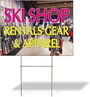 Fastasticdeals Weatherproof Yard Sign Ski Shop Rentals Gear & Apparel B White Lawn Garden Skating Skiing 18x12 Inches 1 Side Print