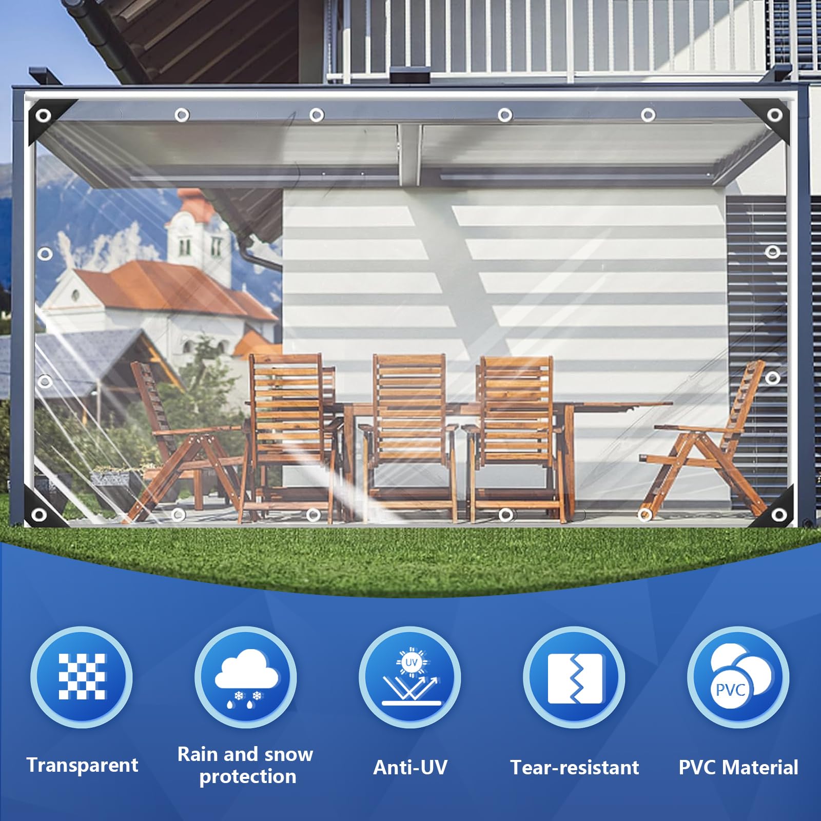 Plandeka przezroczysta przeciwpyłowa z oczkami, 3 x 4 m, 420 g/m², materiał PCW, wodoszczelna, przezroczysta plandeka do użytku na zewnątrz, plandeka premium z liną, na meble ogrodowe, rośliny